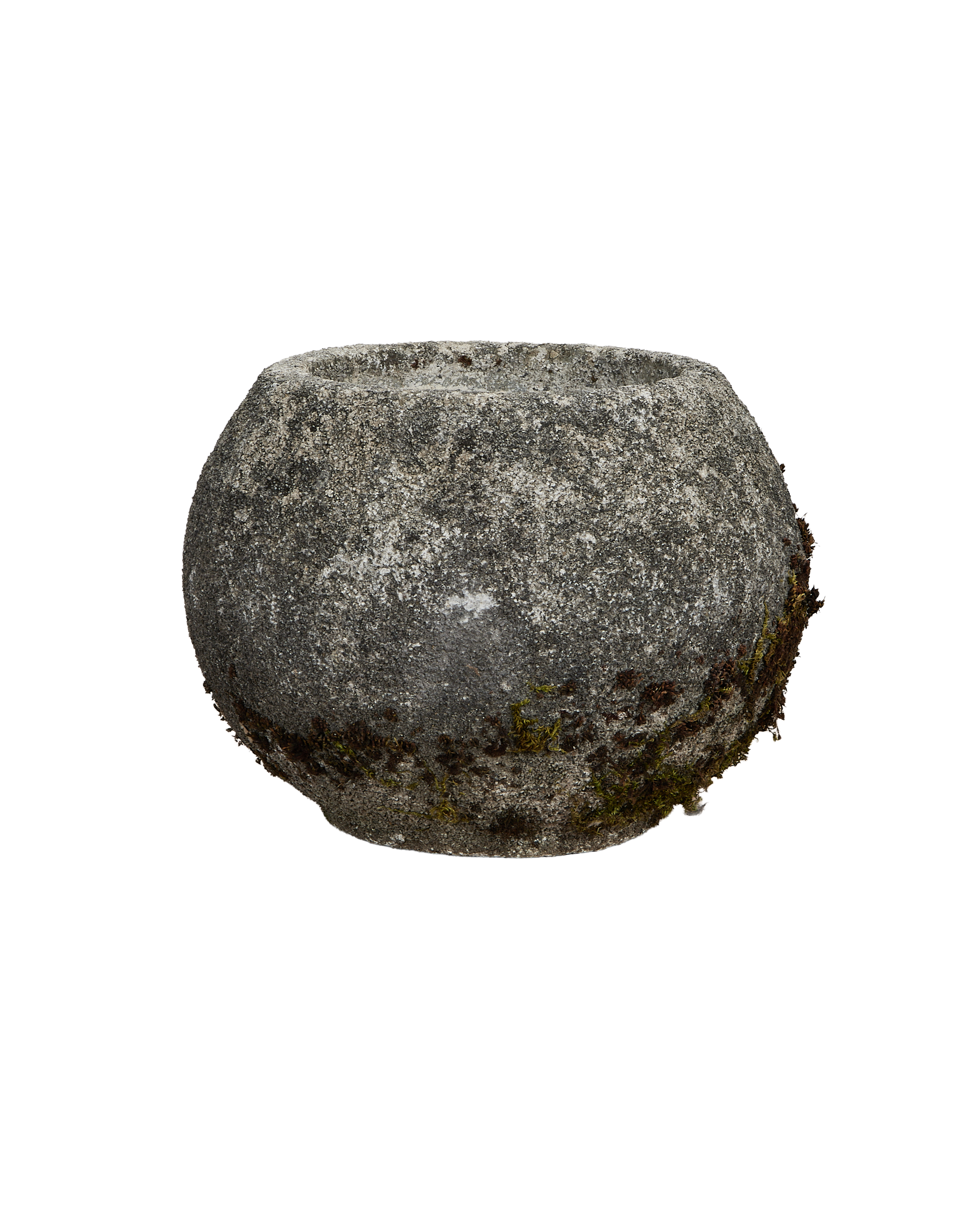Vintage French orb planter, weathered stone texture, natural moss growth, rustic garden decor.