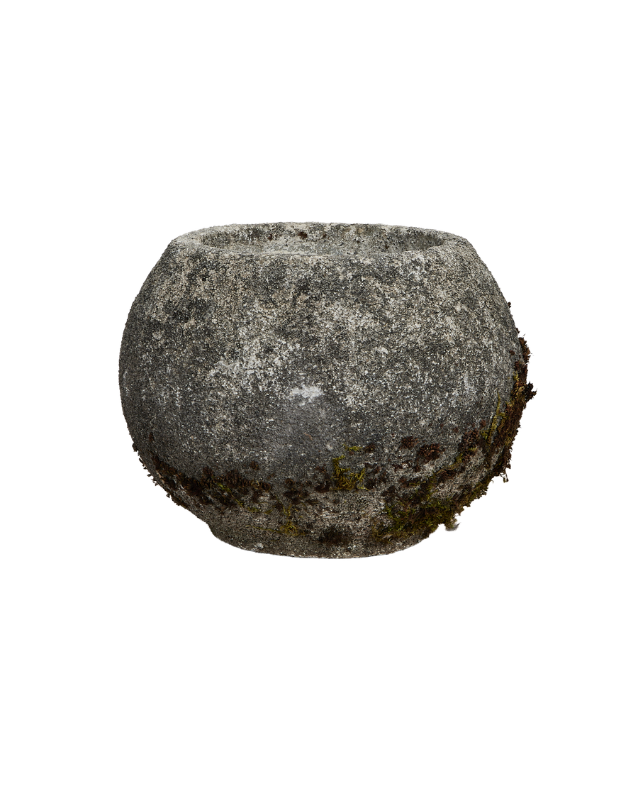 Vintage French orb planter, weathered stone texture, natural moss growth, rustic garden decor.