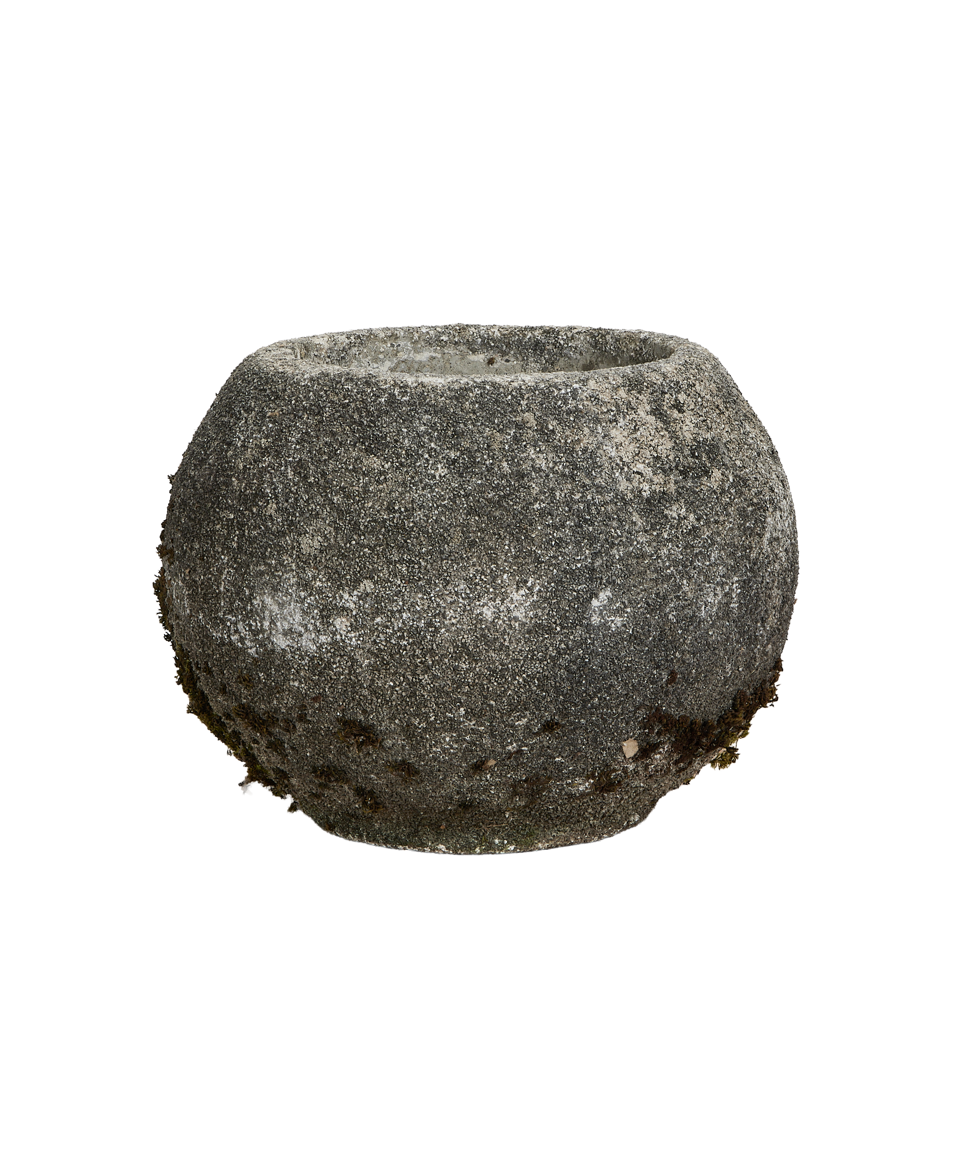 Vintage French concrete orb planter showing granular texture and natural moss growth.