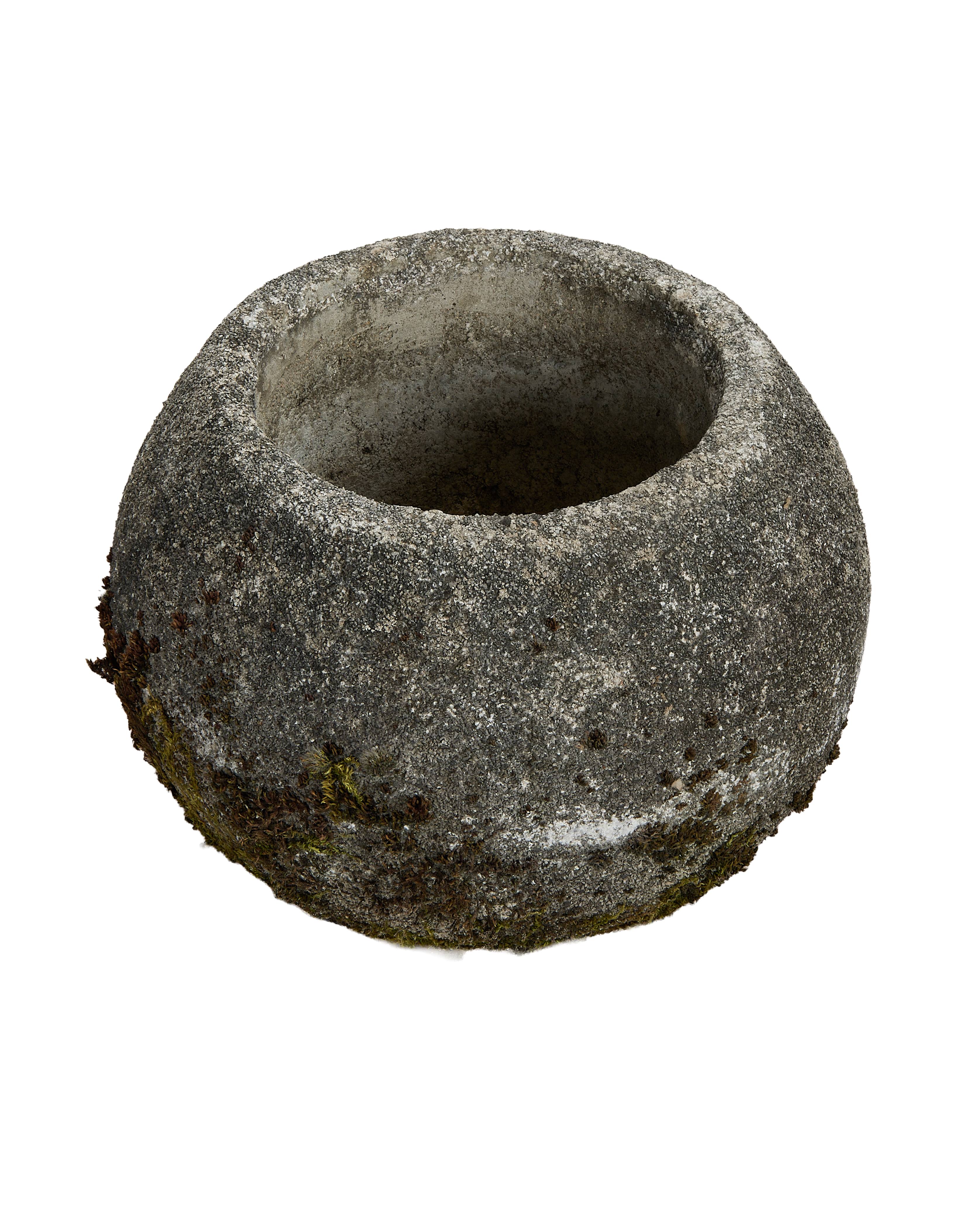 French vintage orb planter, displaying textural details of surface moss and gravel-aggregate concrete.