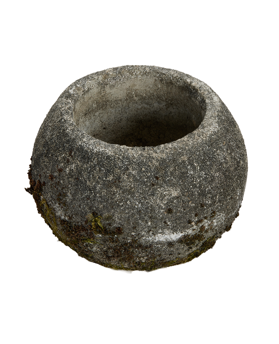 French vintage orb planter, displaying textural details of surface moss and gravel-aggregate concrete.