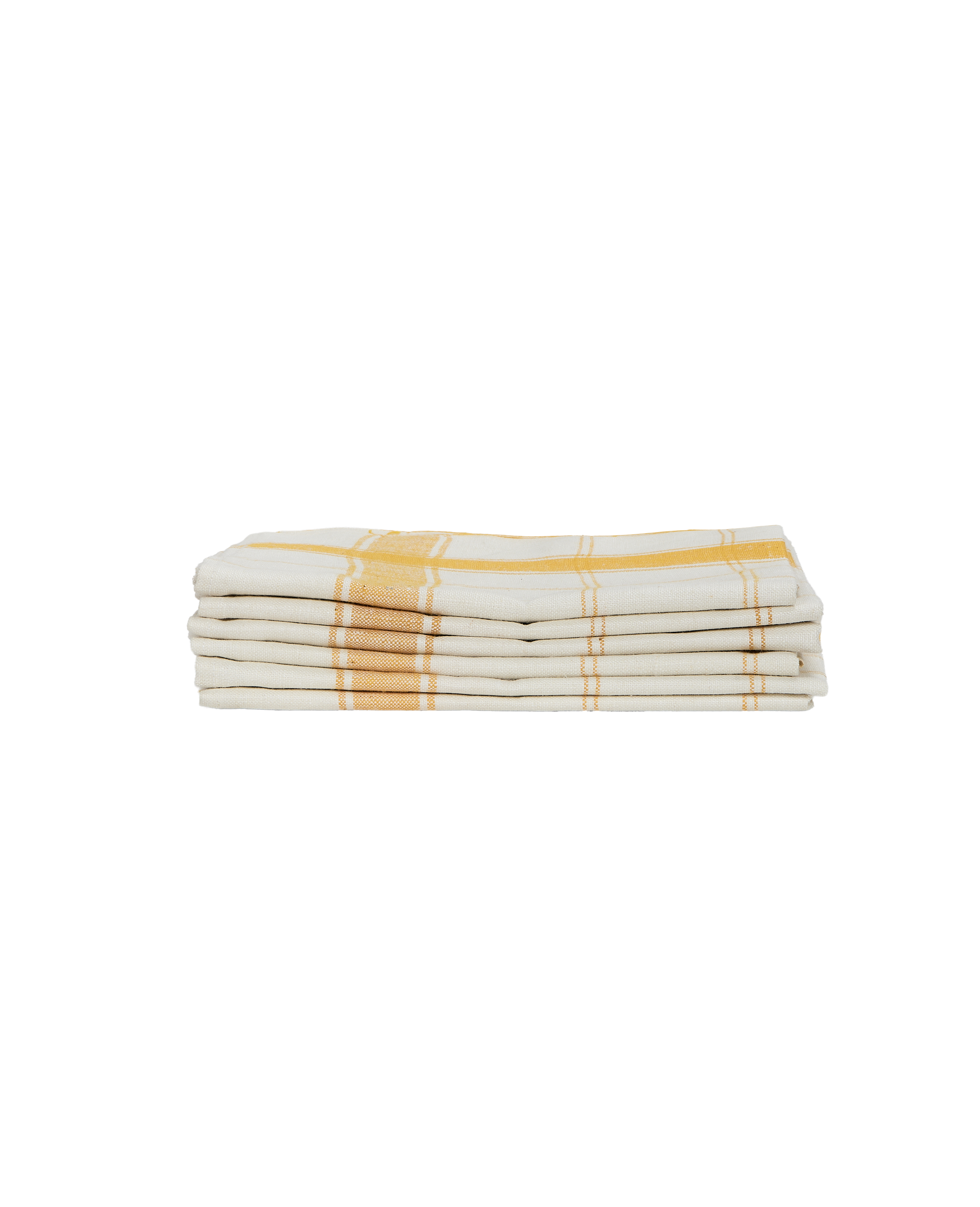 Stack of six vintage Swedish yellow and cream checked utility towels, closely folded.