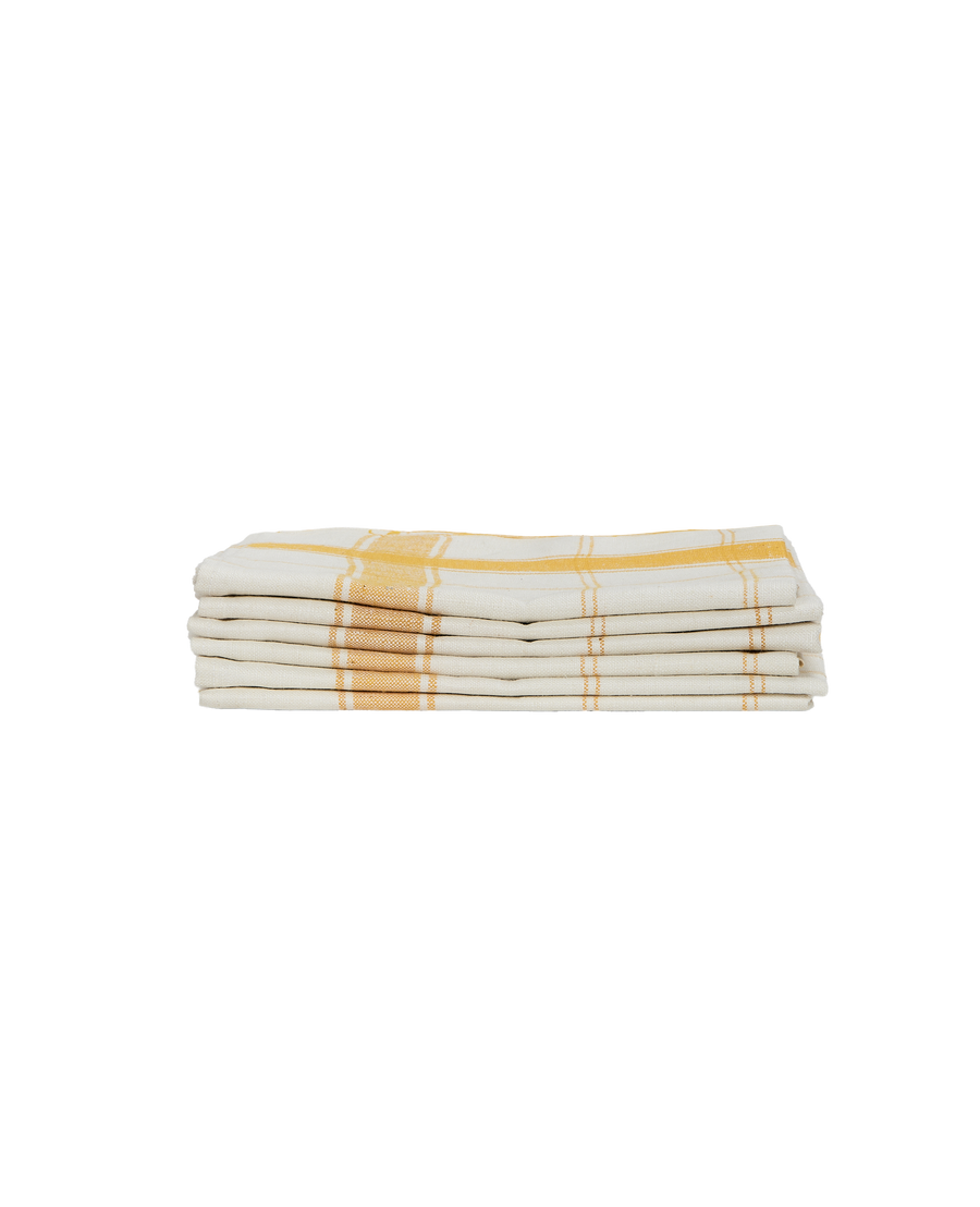 Stack of six vintage Swedish yellow and cream checked utility towels, closely folded.