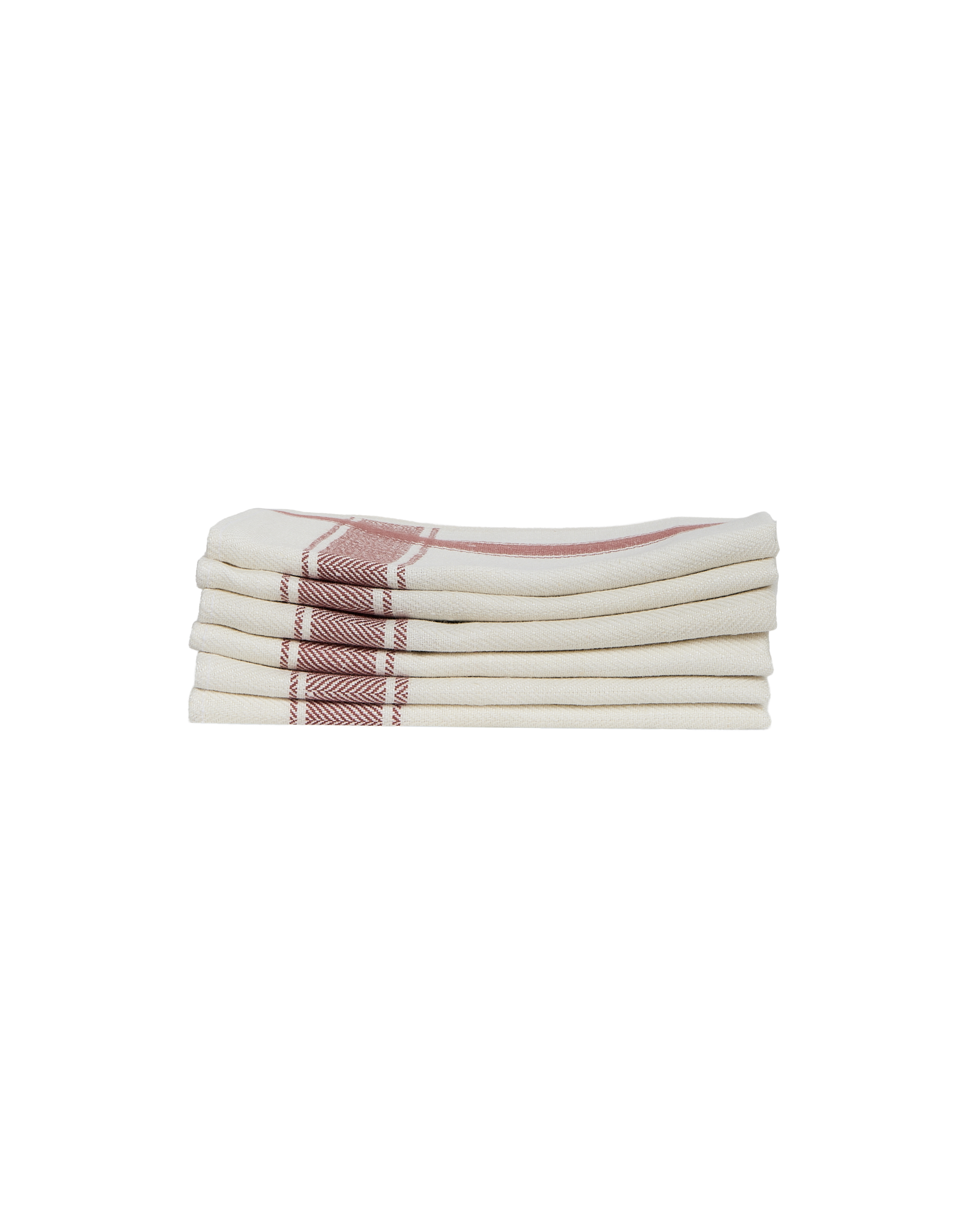 Stack of vintage Swedish utility towels, natural linen with cranberry red woven stripes.