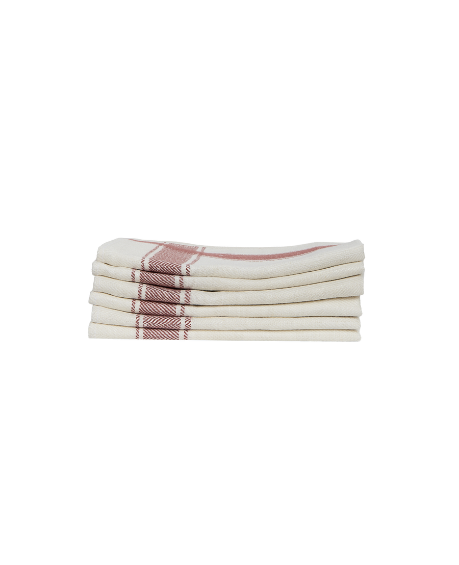Stack of vintage Swedish utility towels, natural linen with cranberry red woven stripes.