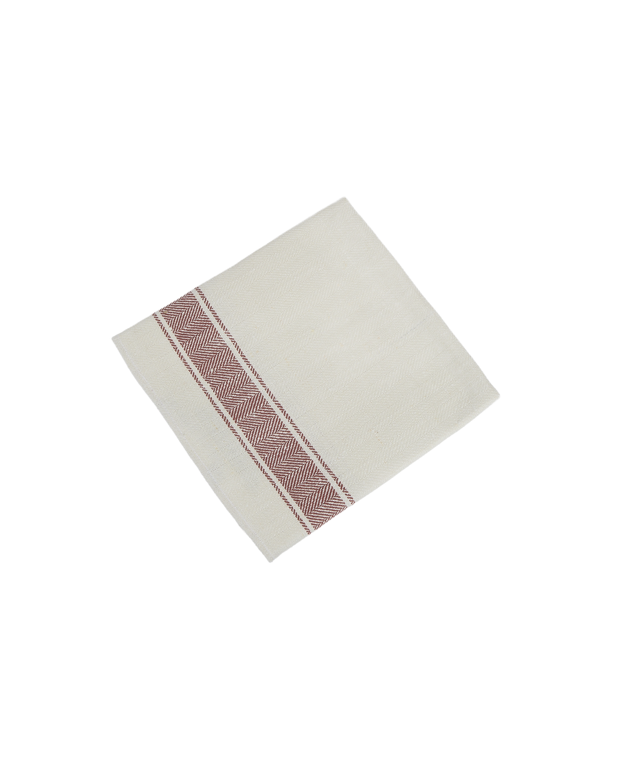 Folded vintage Swedish utility towel, rustic red stripe, herringbone weave detail.