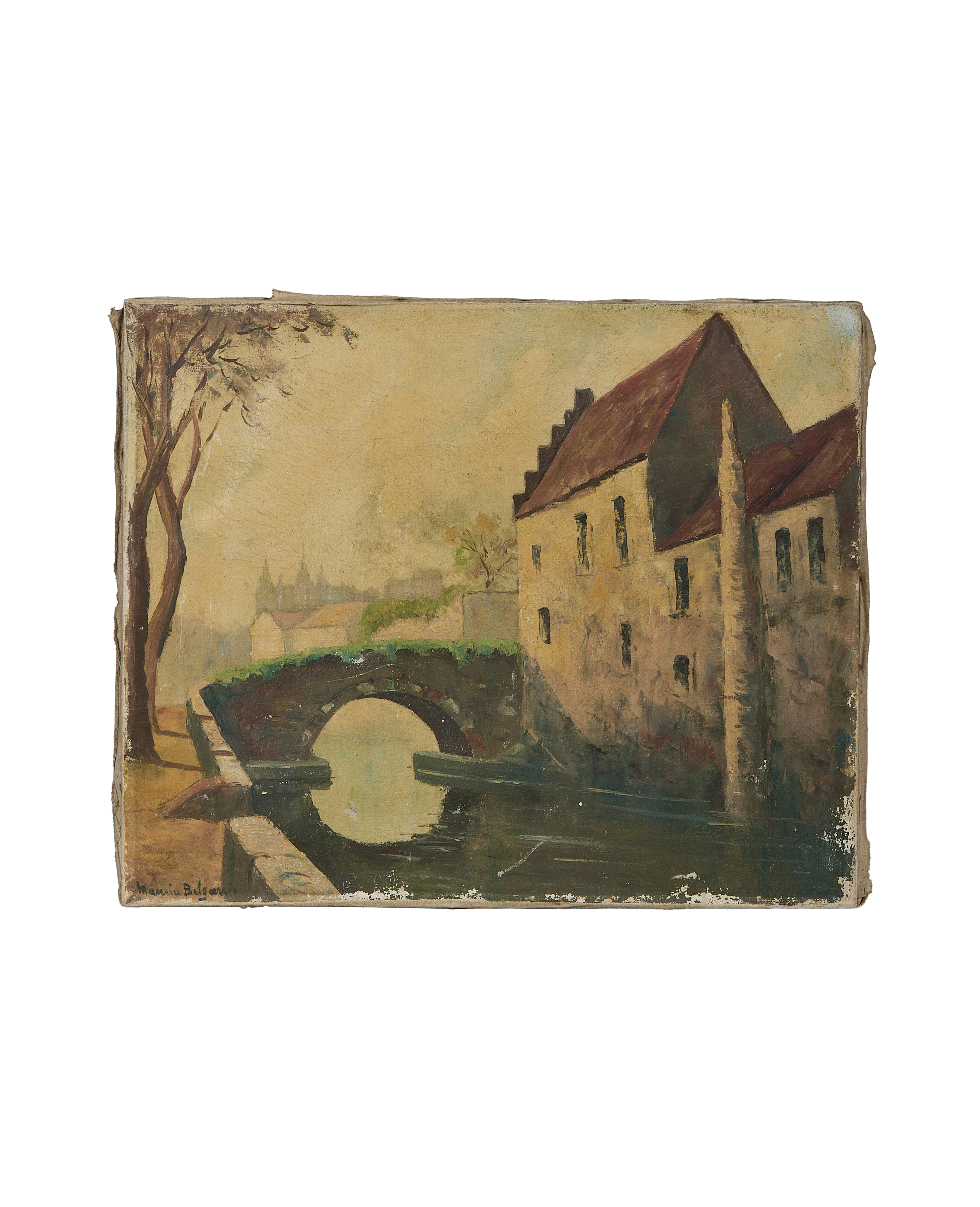 Vintage French landscape painting, old stone bridge over river, tall building, and trees.