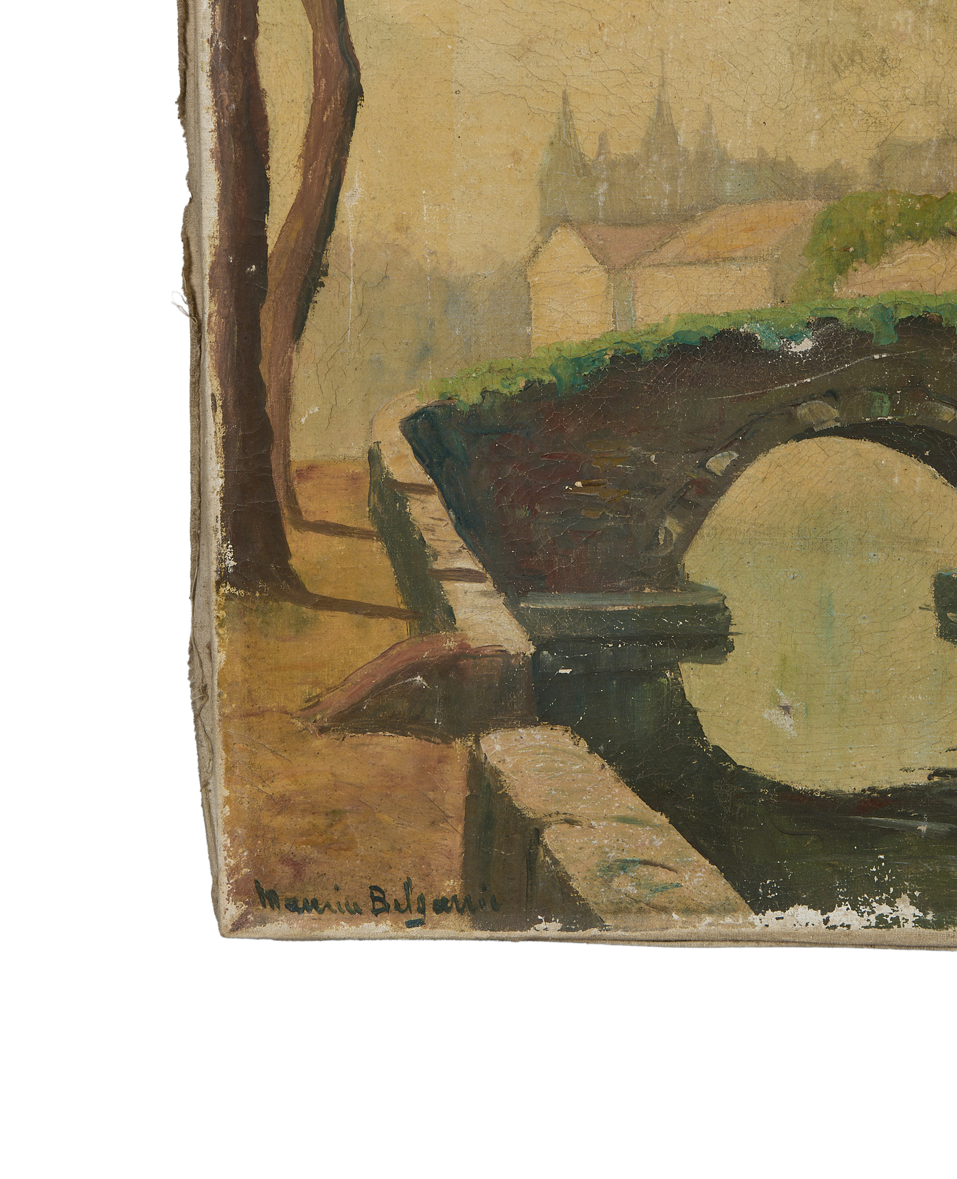 Vintage landscape oil painting showing cracked textured canvas, tree trunk, and bridge detail.