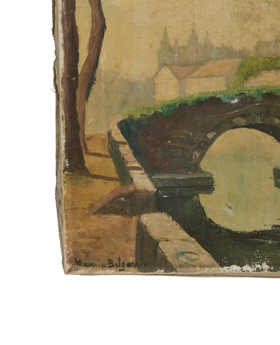 Vintage landscape oil painting showing cracked textured canvas, tree trunk, and bridge detail.
