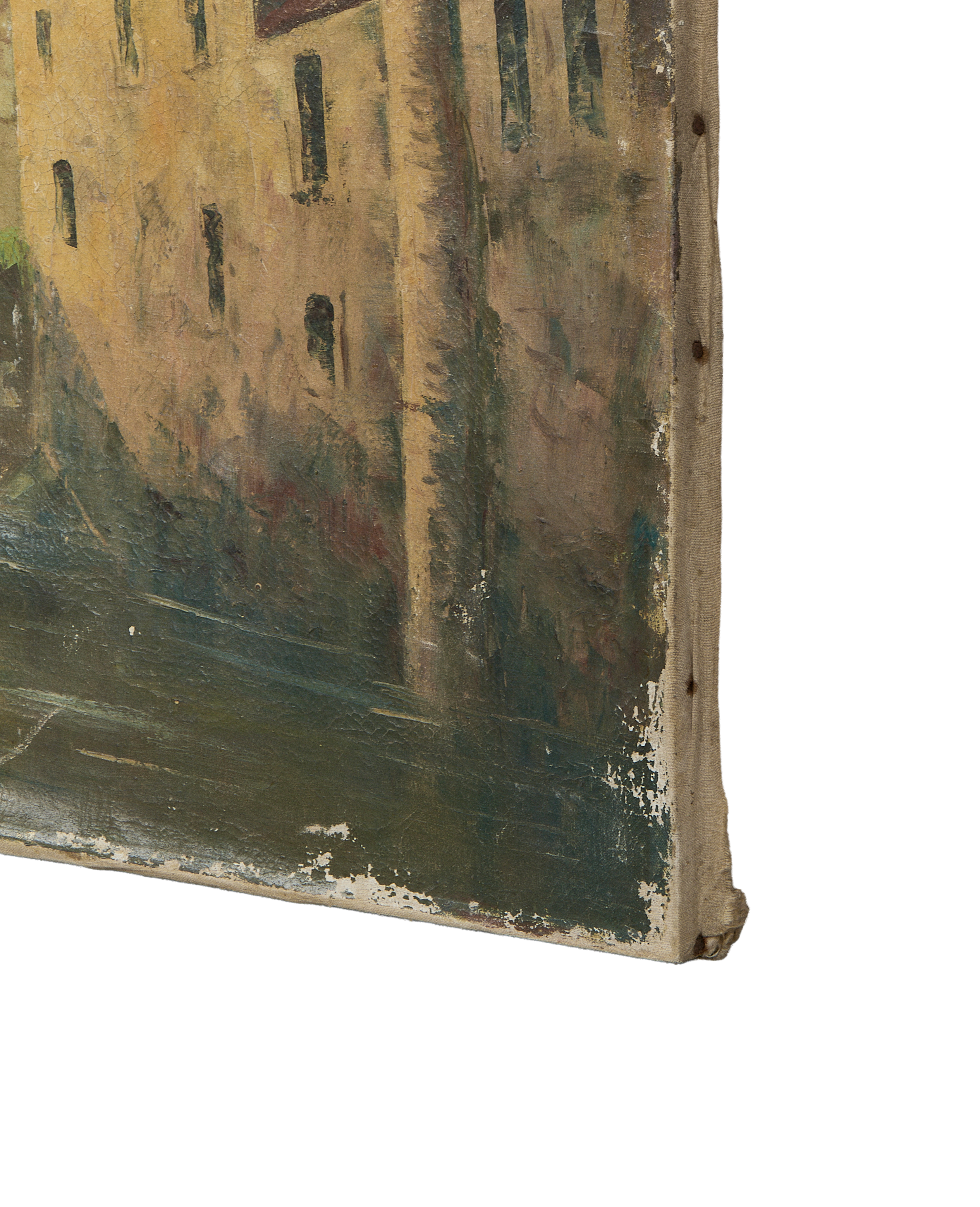 Vintage French landscape painting showing aged canvas edge with tacks and paint loss.