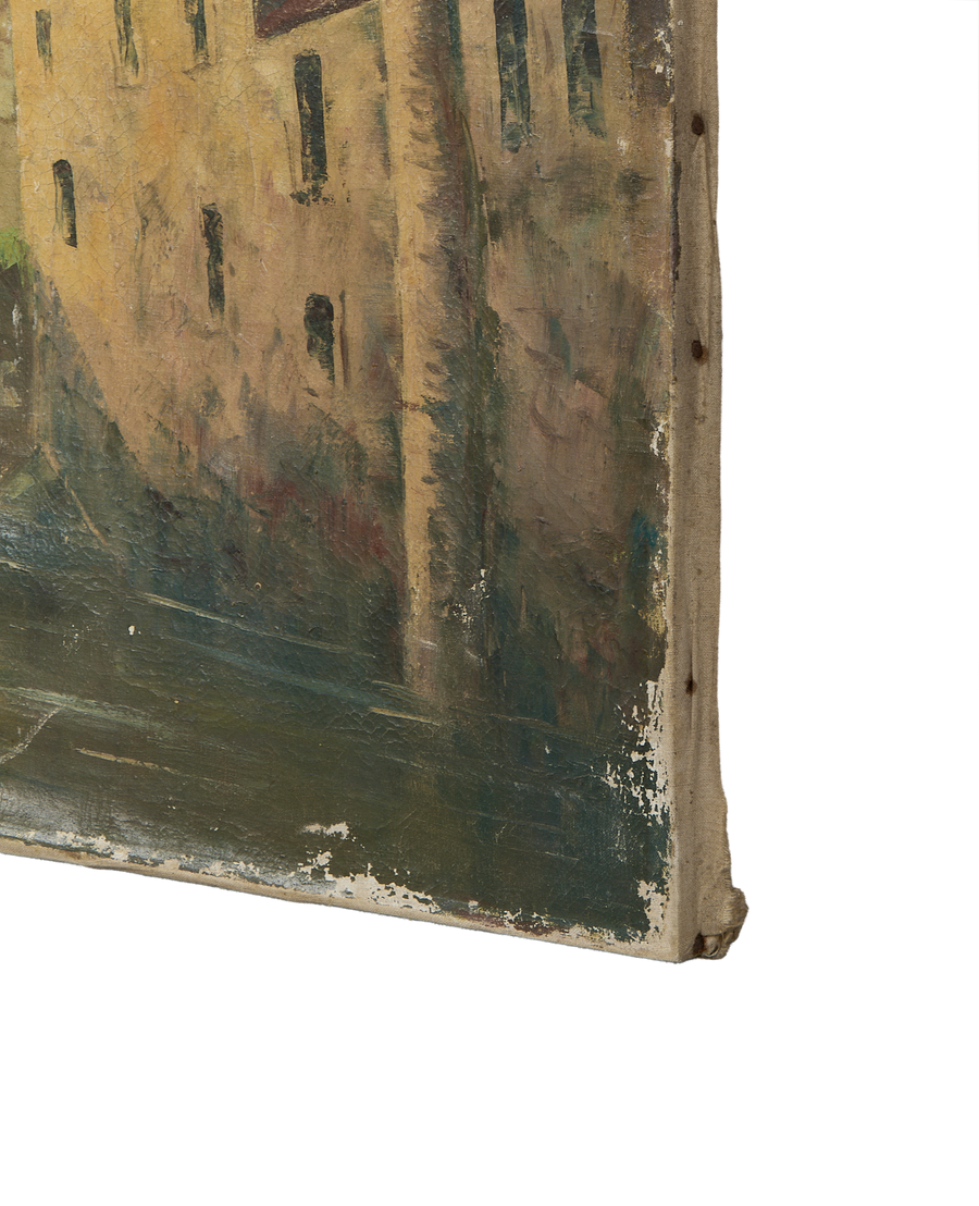 Vintage French landscape painting showing aged canvas edge with tacks and paint loss.