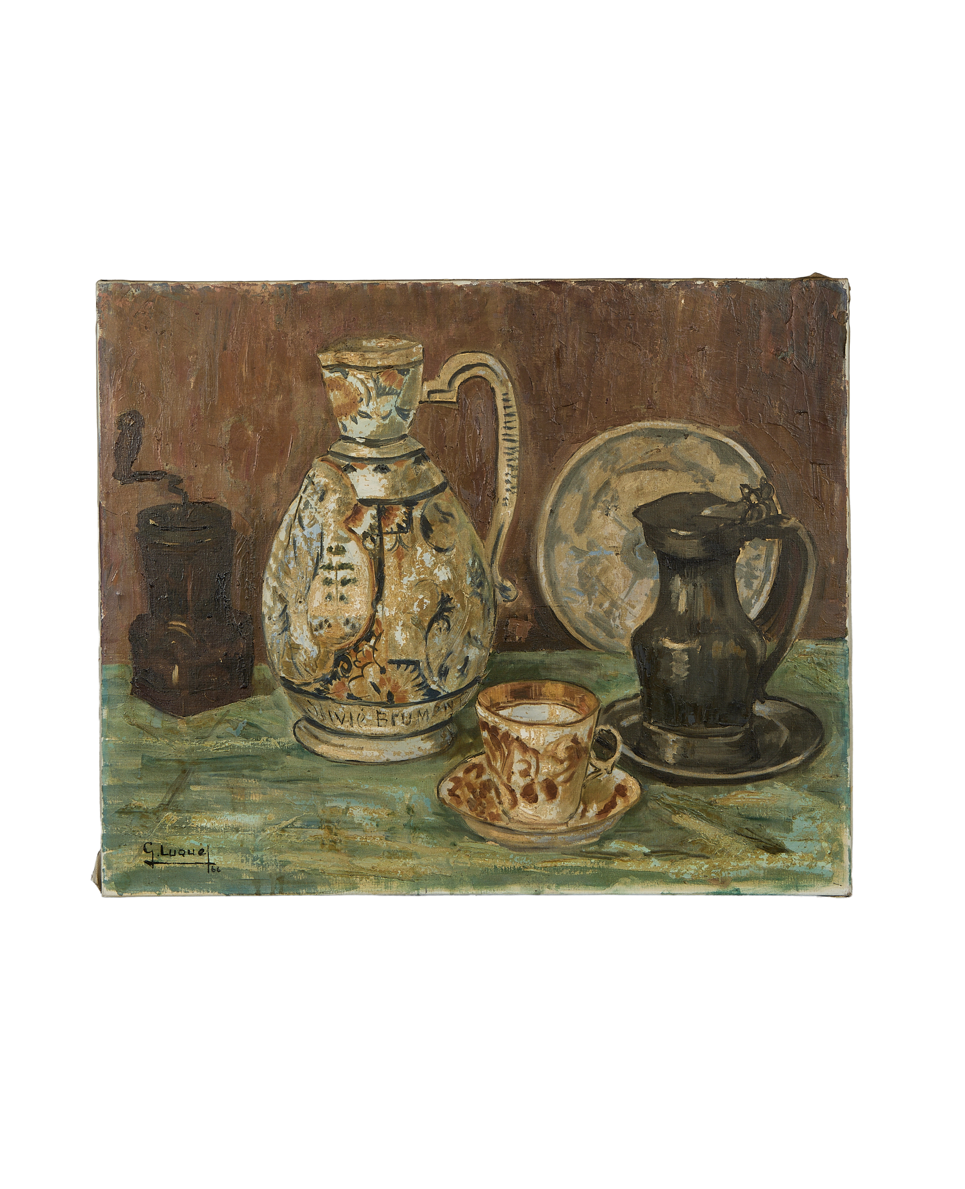 Vintage French still life oil painting on board, featuring patterned jugs and cup.