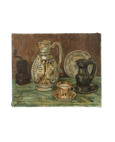Vintage French still life oil painting on board, featuring patterned jugs and cup.