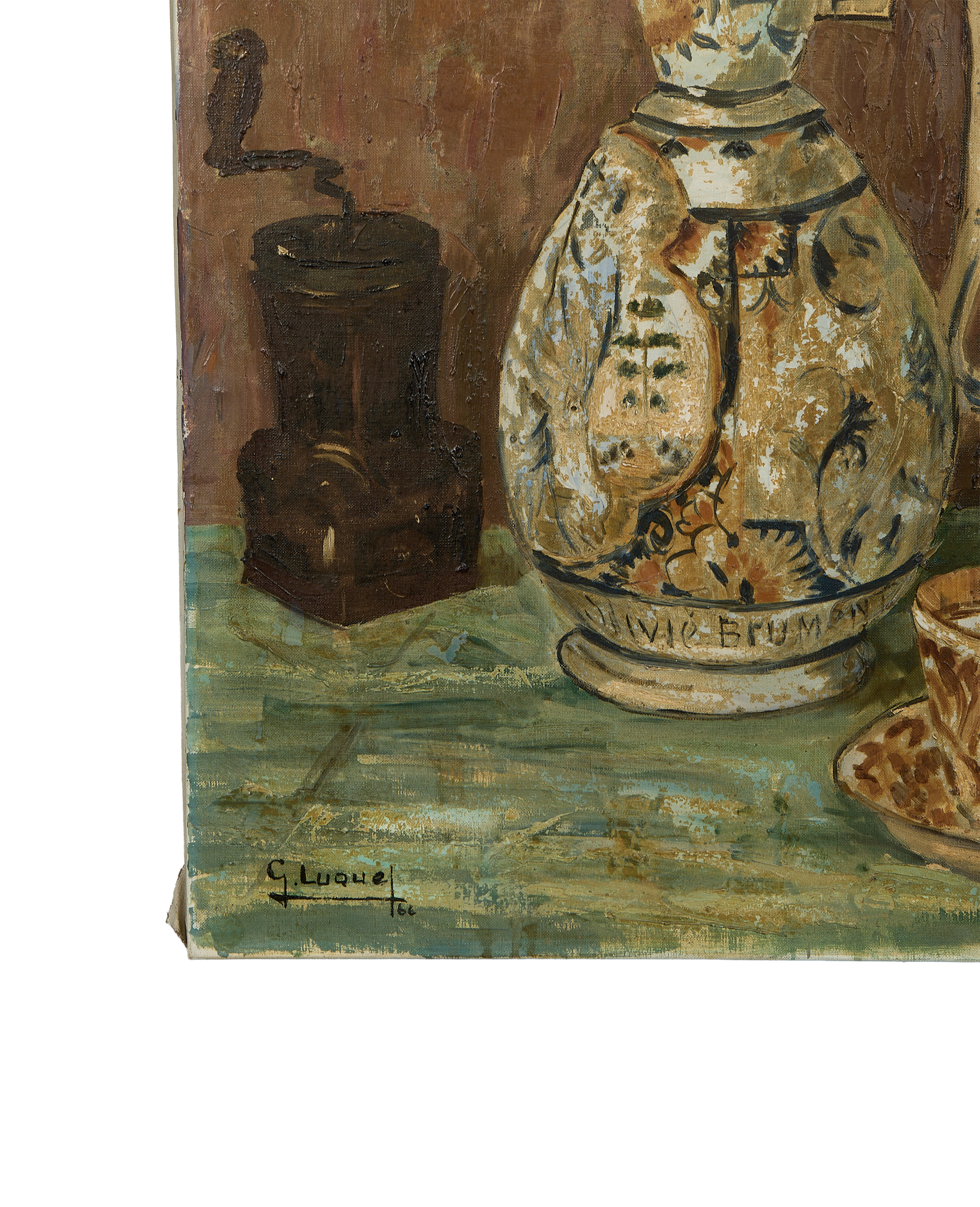 Authentic vintage French still life oil painting detail: signature, texture, and corner of the canvas.
