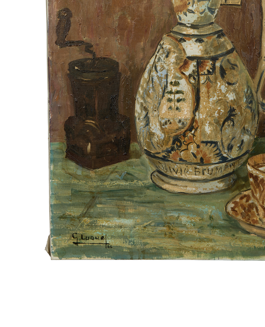 Authentic vintage French still life oil painting detail: signature, texture, and corner of the canvas.