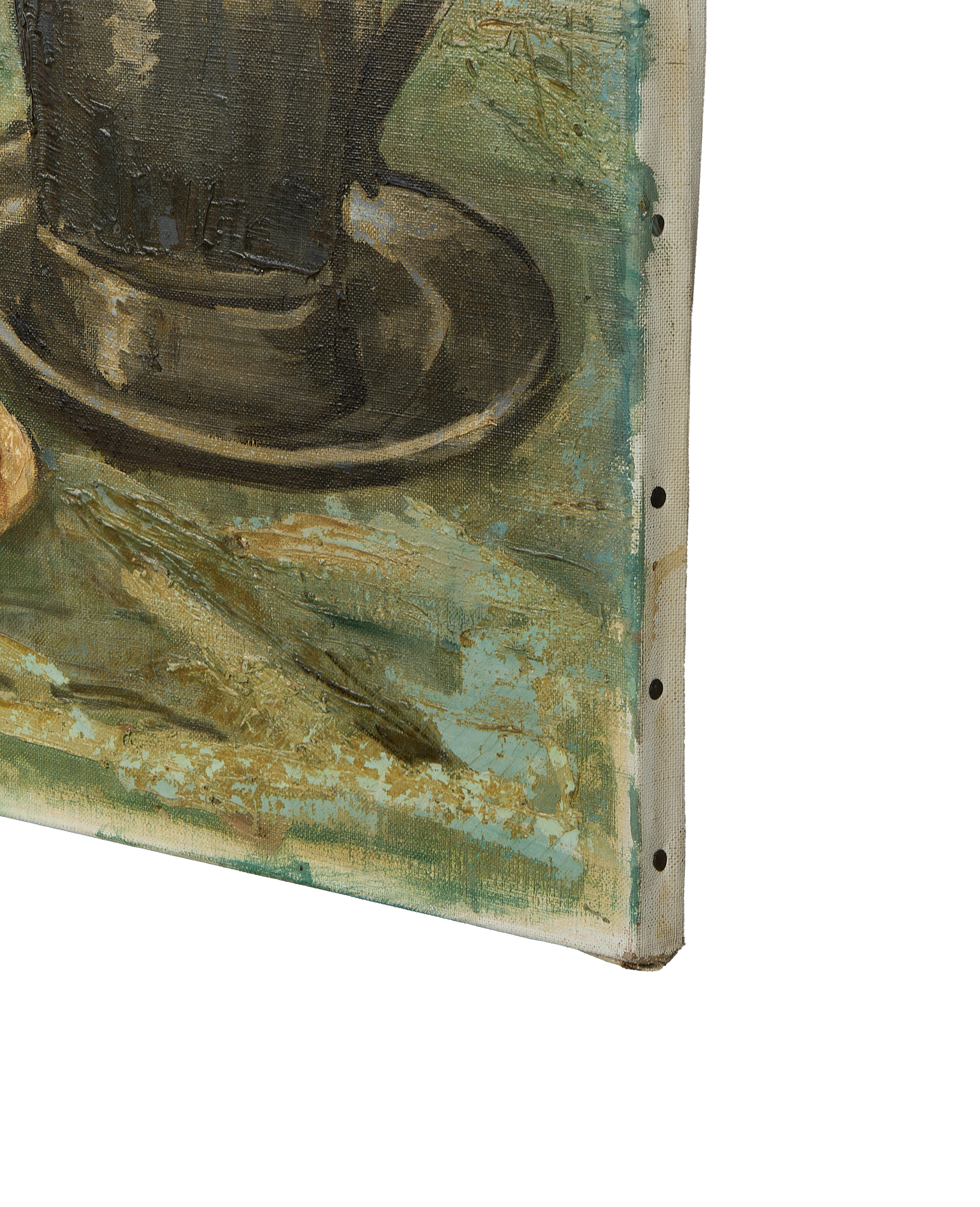Close-up of vintage French still life painting's textured brushstrokes, canvas edge, and tacks.