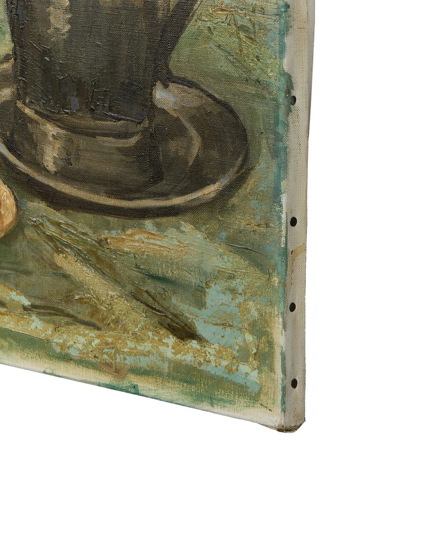 Close-up of vintage French still life painting's textured brushstrokes, canvas edge, and tacks.