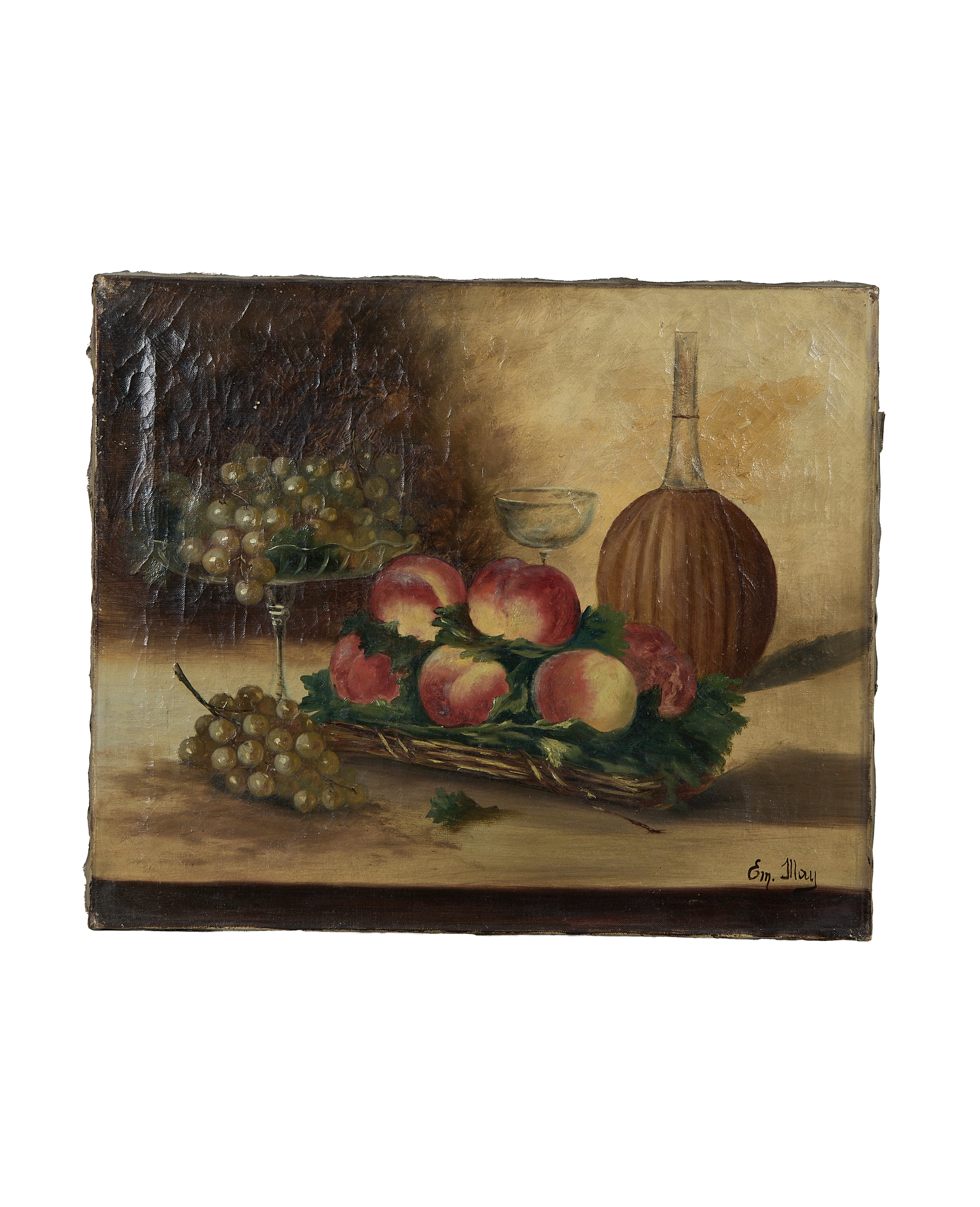 Vintage French still life oil painting, fruit, bottle, wine glass, signed 