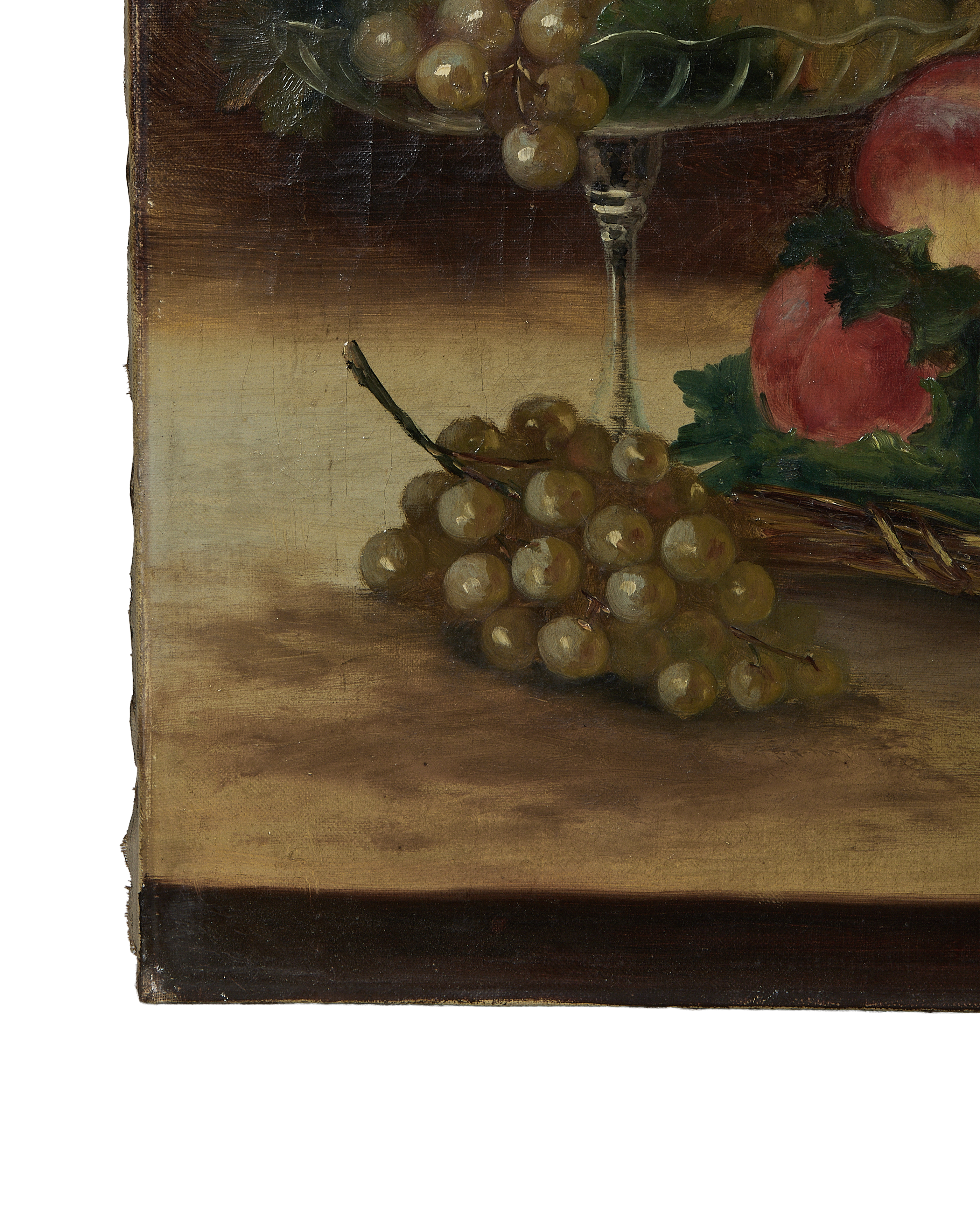 Vintage still life painting, an ornate glass footed bowl overflows with ripe grapes and peaches.