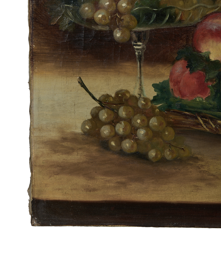 Vintage still life painting, an ornate glass footed bowl overflows with ripe grapes and peaches.