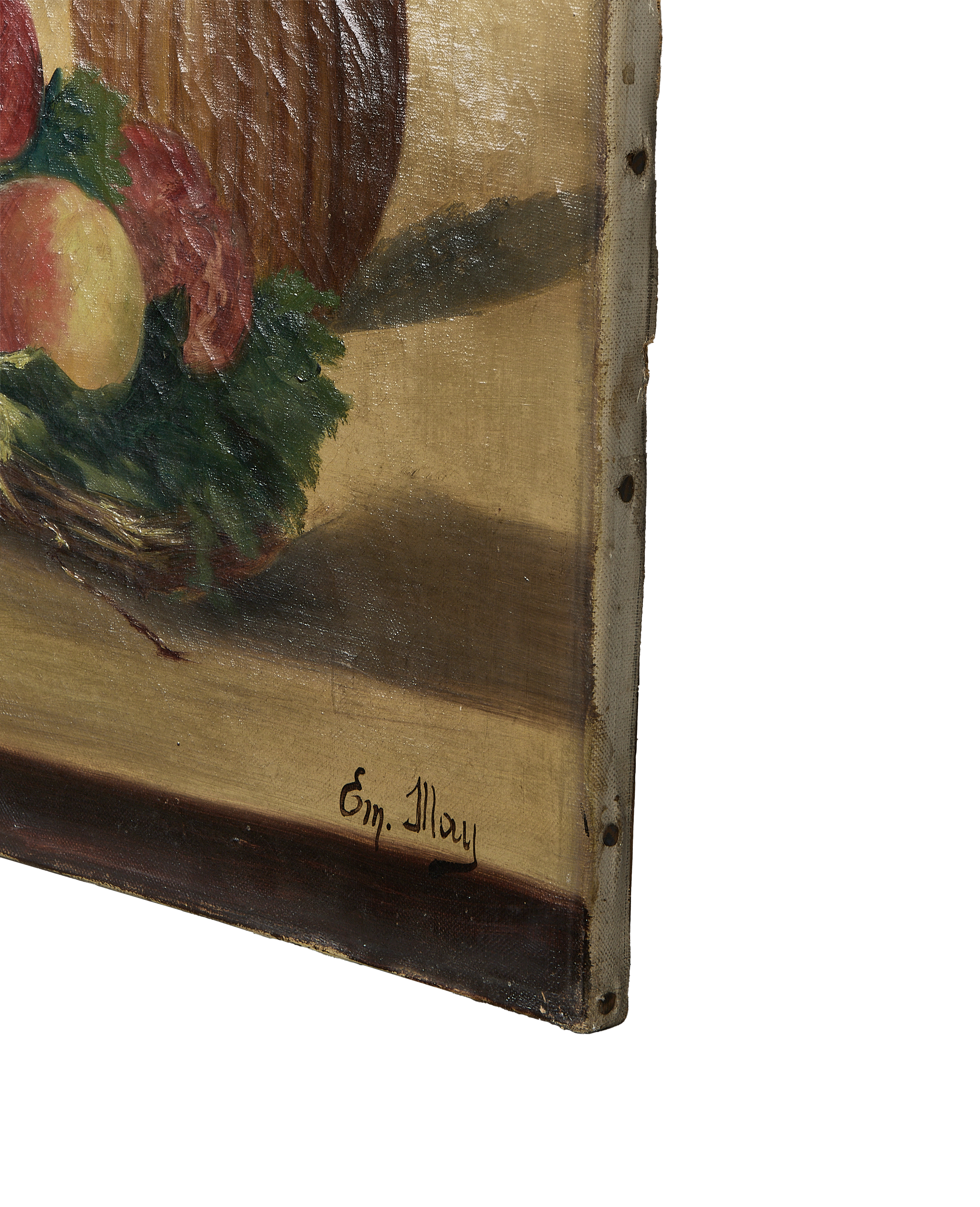 Vintage French Still Life oil painting detail showing textured canvas edge and artist's signature.