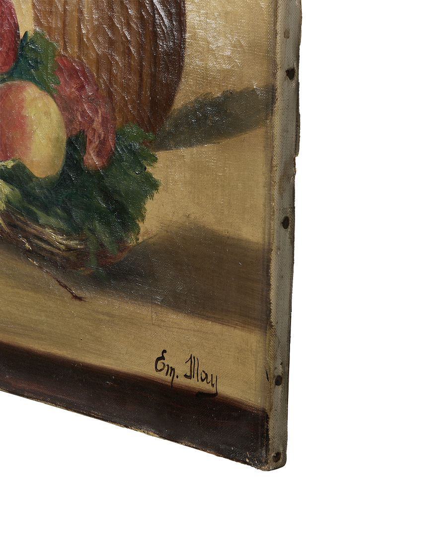 Vintage French Still Life oil painting detail showing textured canvas edge and artist's signature.