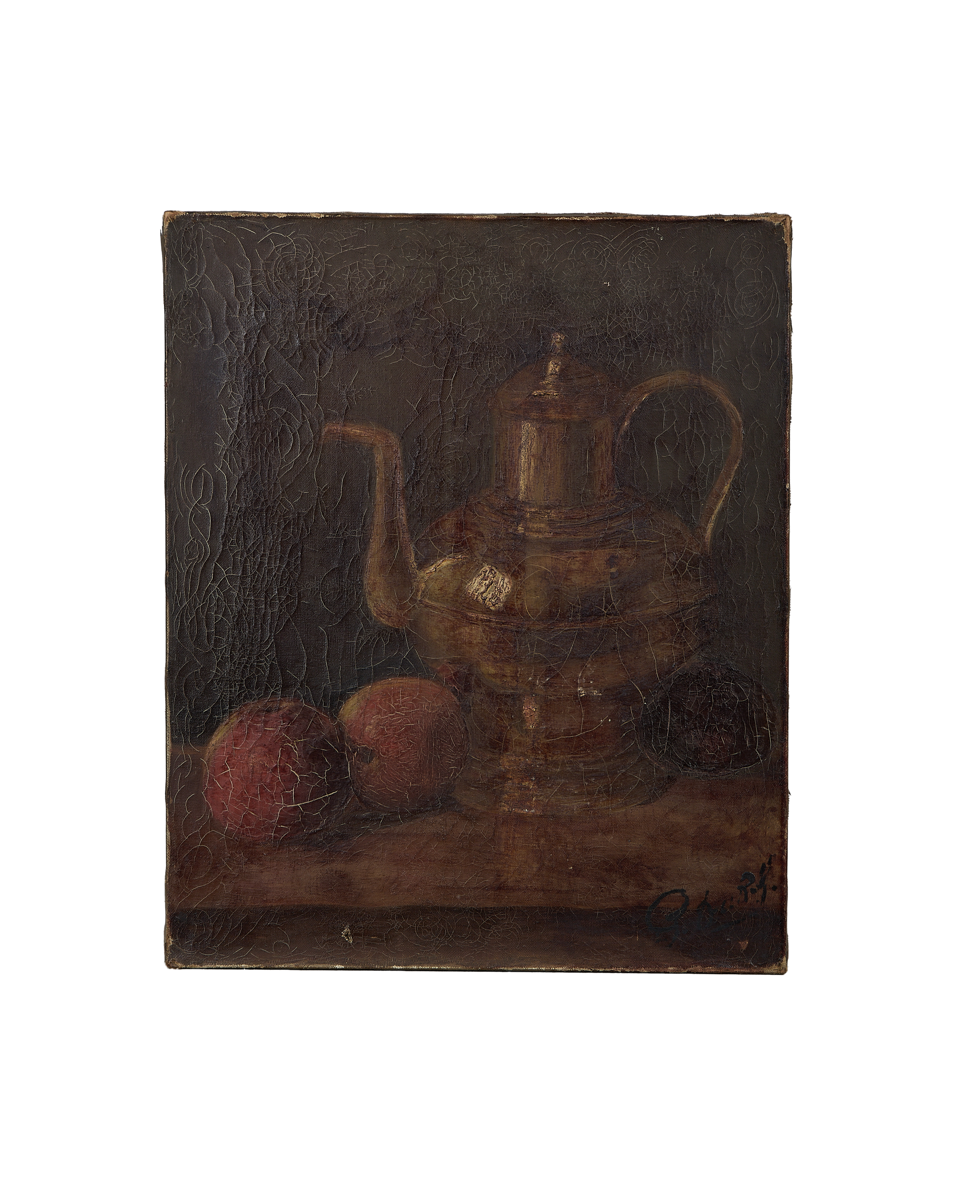 Vintage French still life oil painting on oak, depicting teapot and apples with visible cracking.