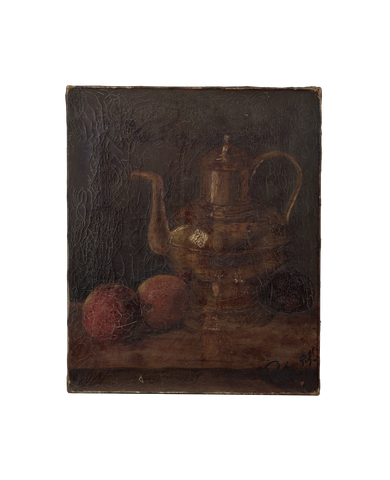 Vintage French still life oil painting on oak, depicting teapot and apples with visible cracking.