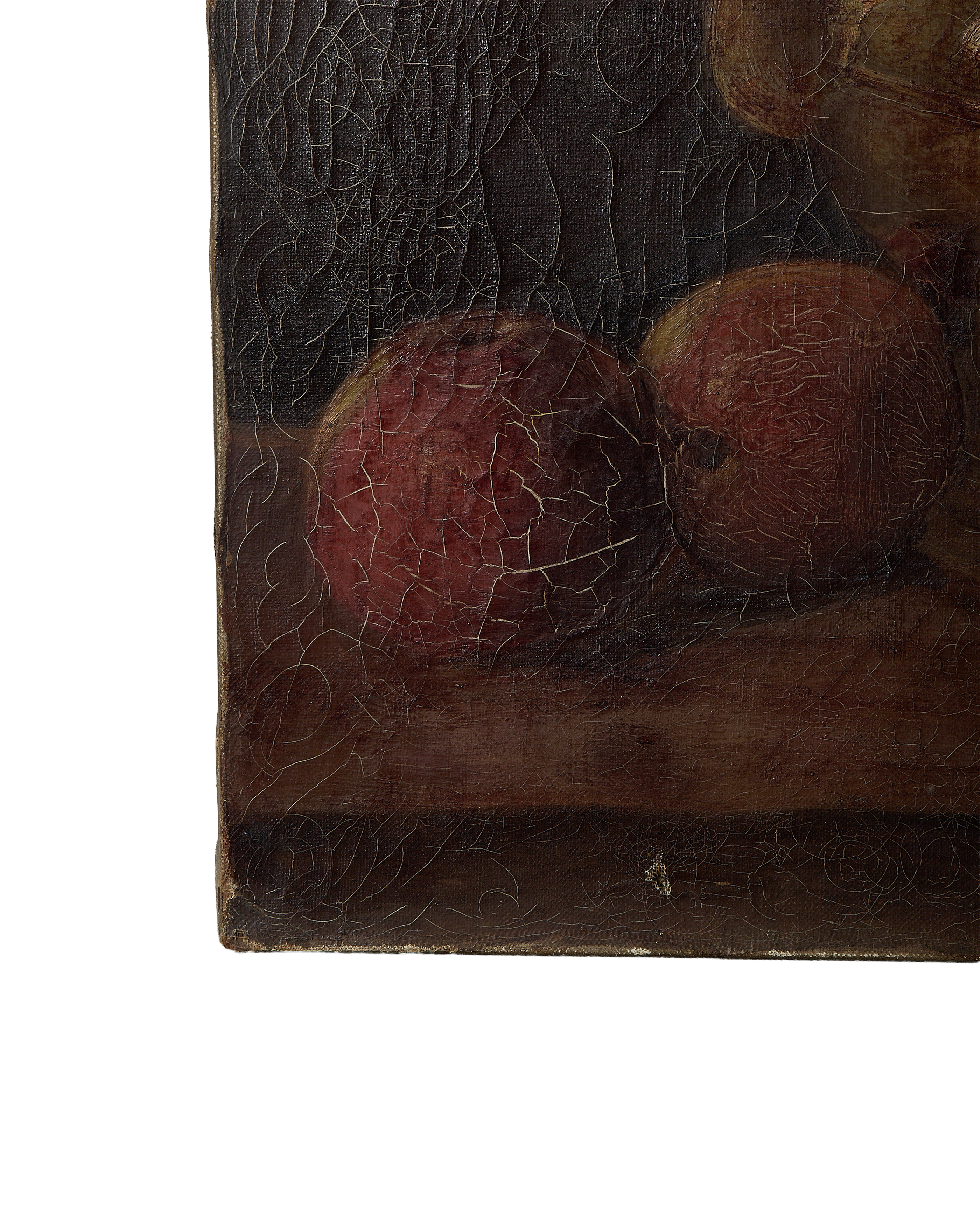 Close-up of vintage French still life painting's lower right corner, showing aged crackled texture.