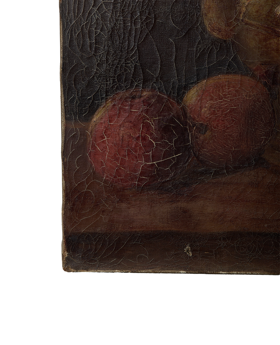 Close-up of vintage French still life painting's lower right corner, showing aged crackled texture.