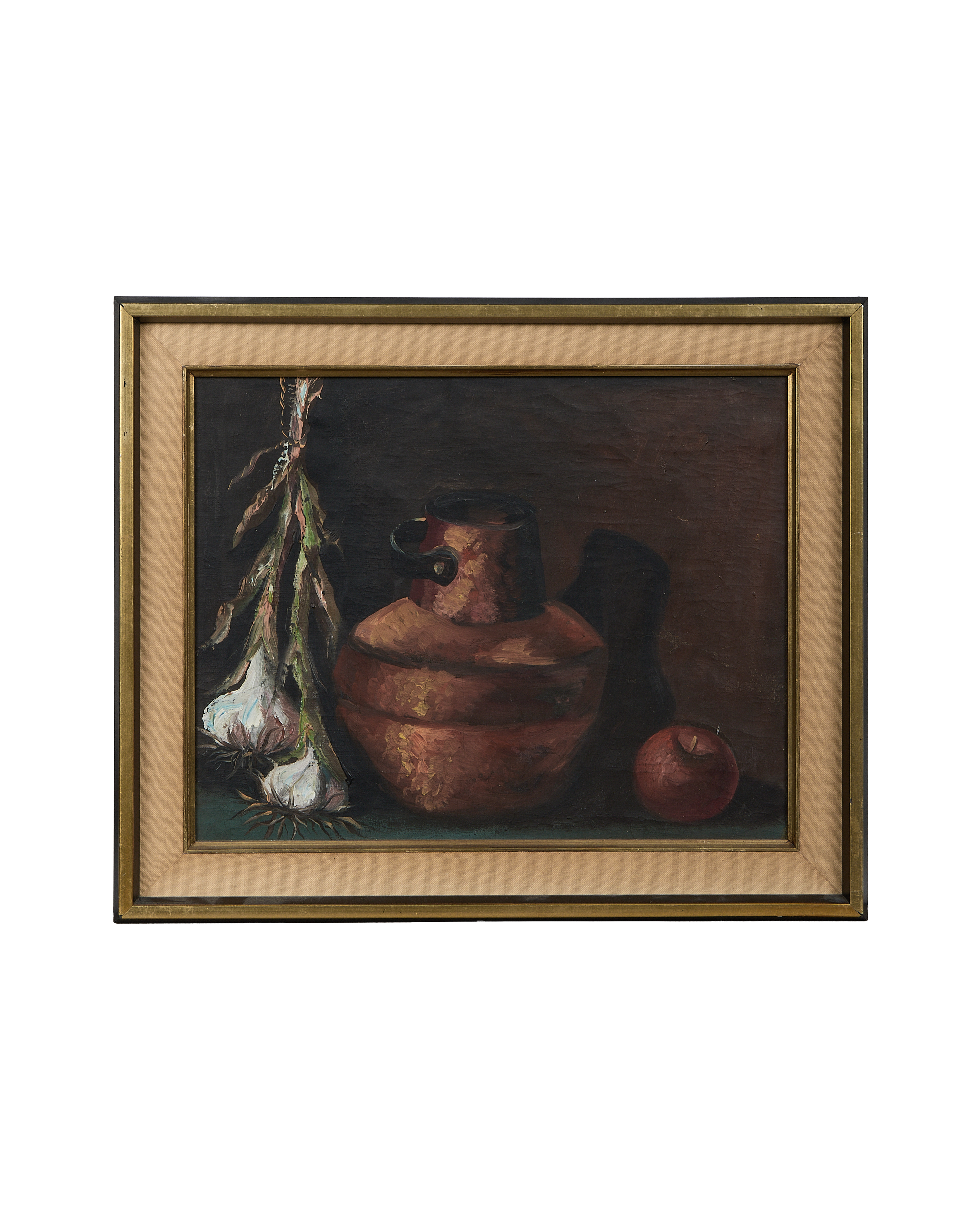 Vintage French still life oil painting in gold oak frame, showing garlic, pot, apple.