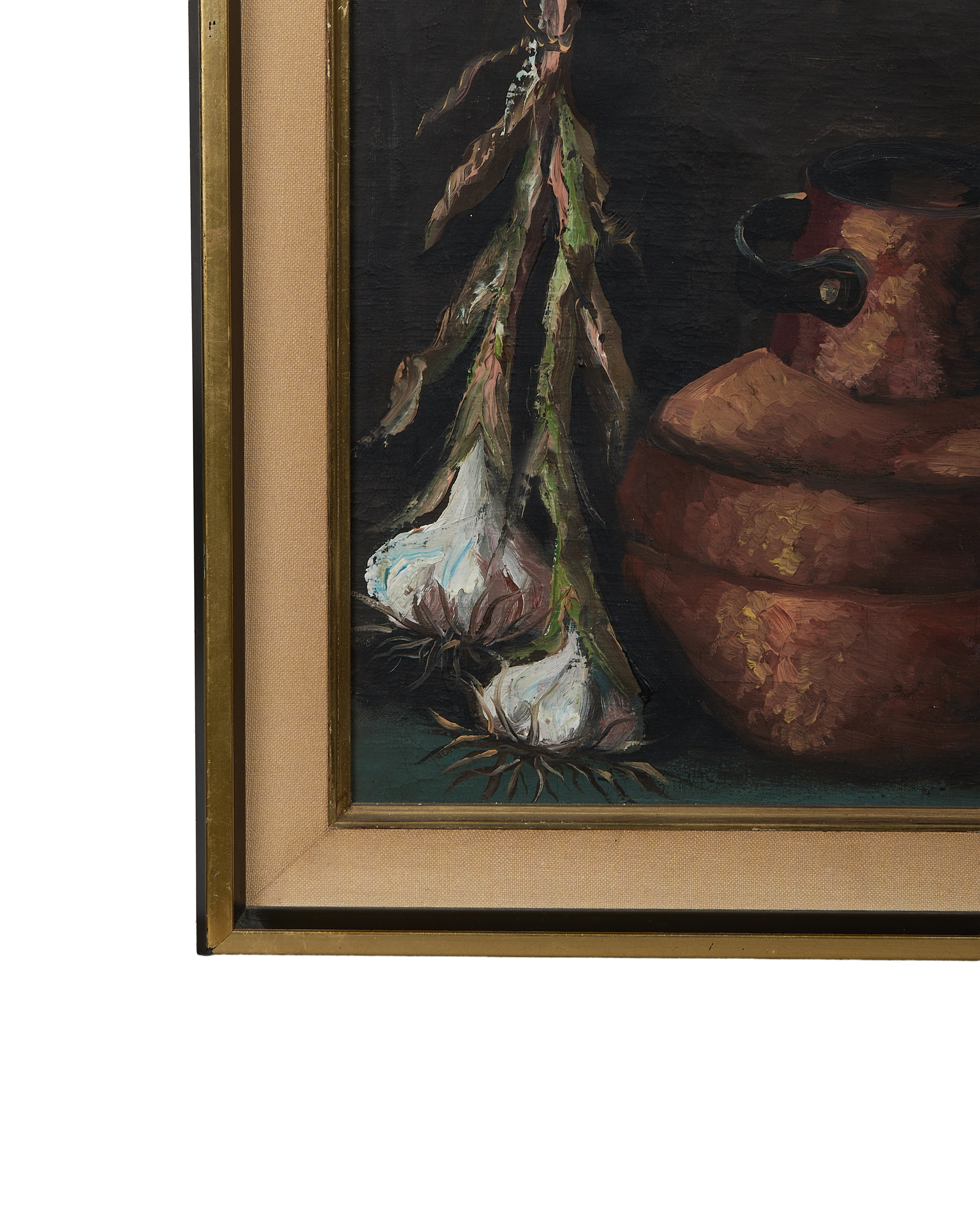 Vintage French still life painting, an oak-framed detailed close-up of garlic bulbs.