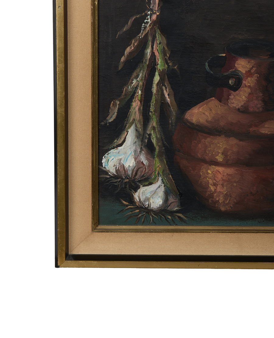 Vintage French still life painting, an oak-framed detailed close-up of garlic bulbs.