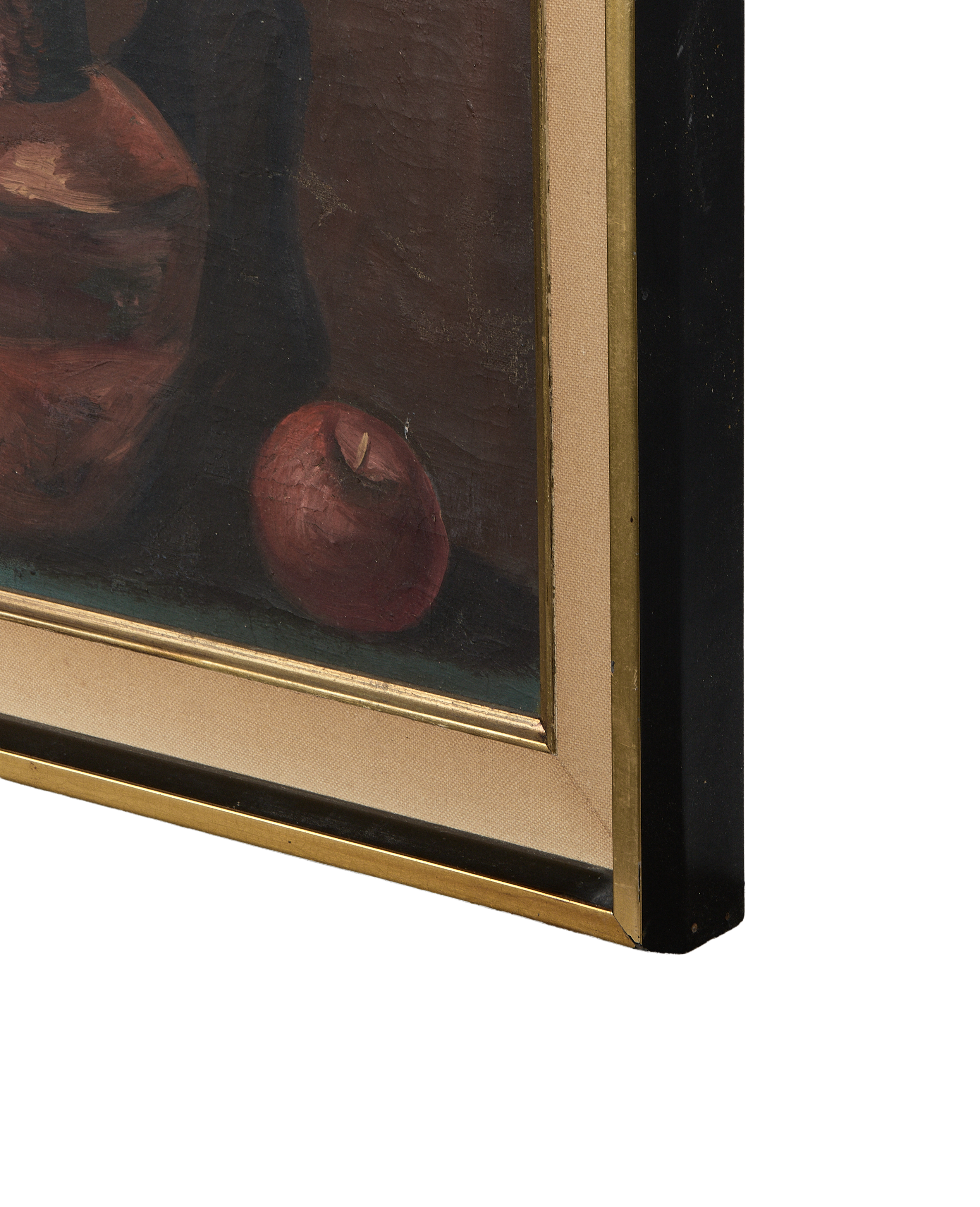 Vintage French oil still life in oak frame, showing close-up of apple and canvas texture.