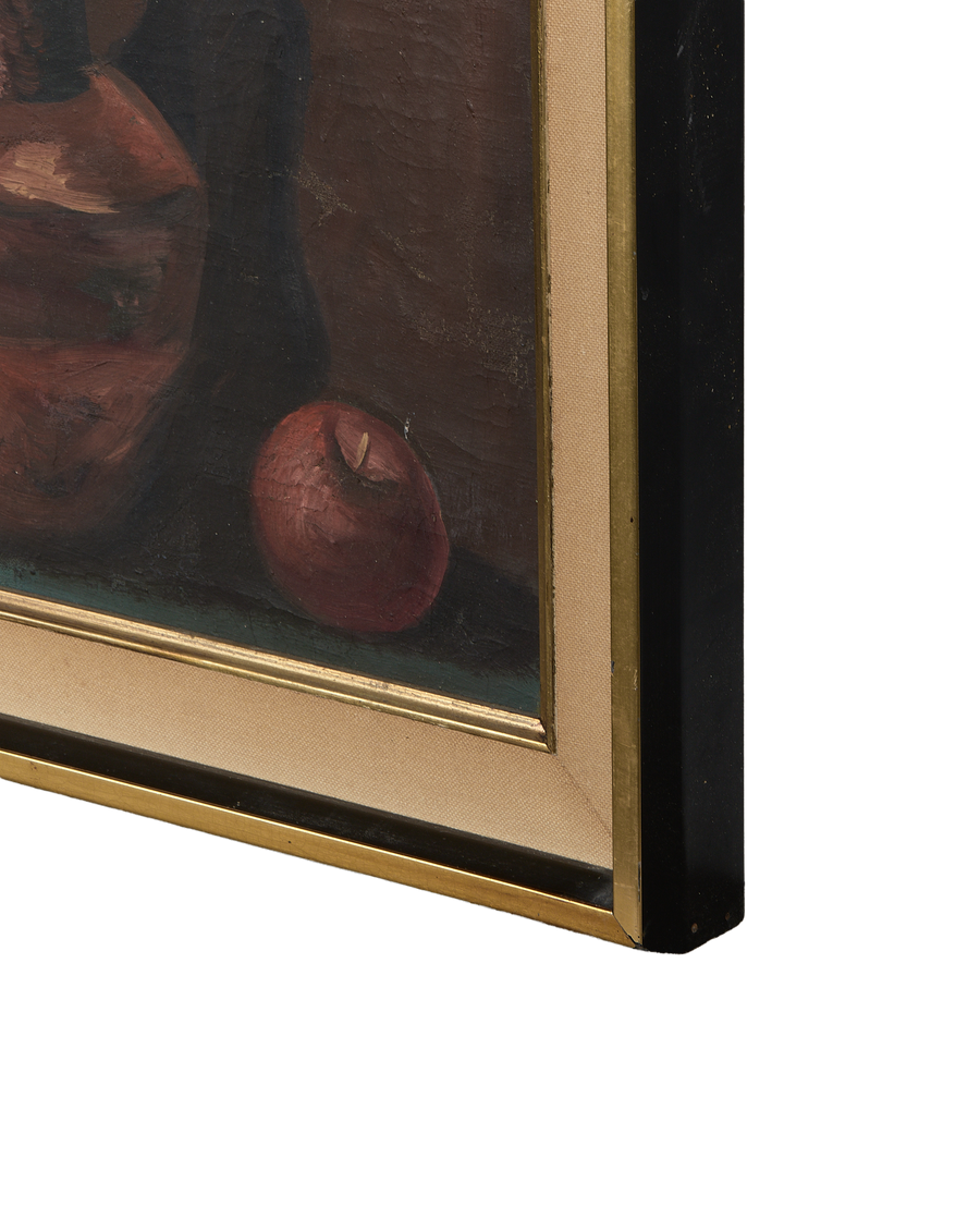 Vintage French oil still life in oak frame, showing close-up of apple and canvas texture.