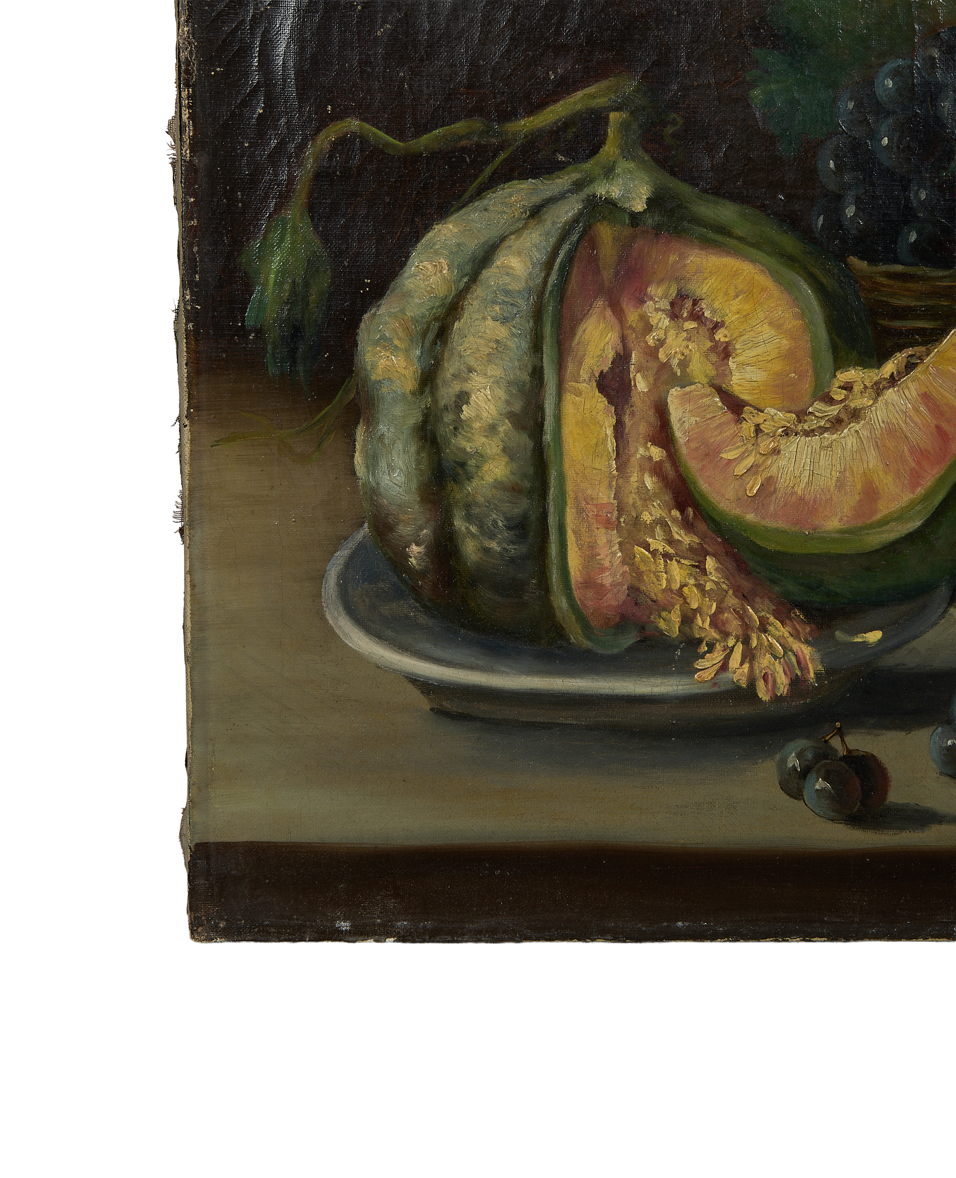 Vintage French still life oil painting detail: cracked paint, exposed canvas, and melon seeds.