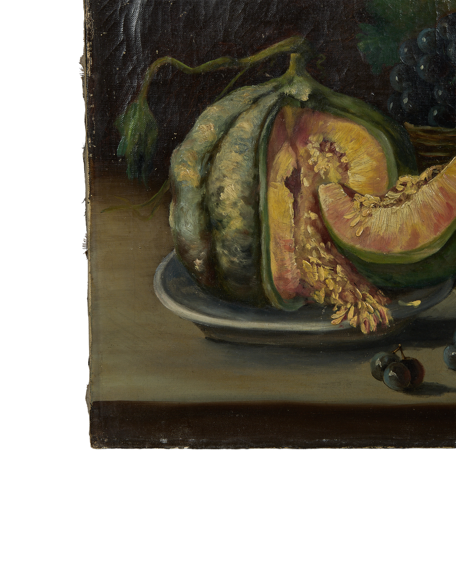 Vintage French still life oil painting detail: cracked paint, exposed canvas, and melon seeds.