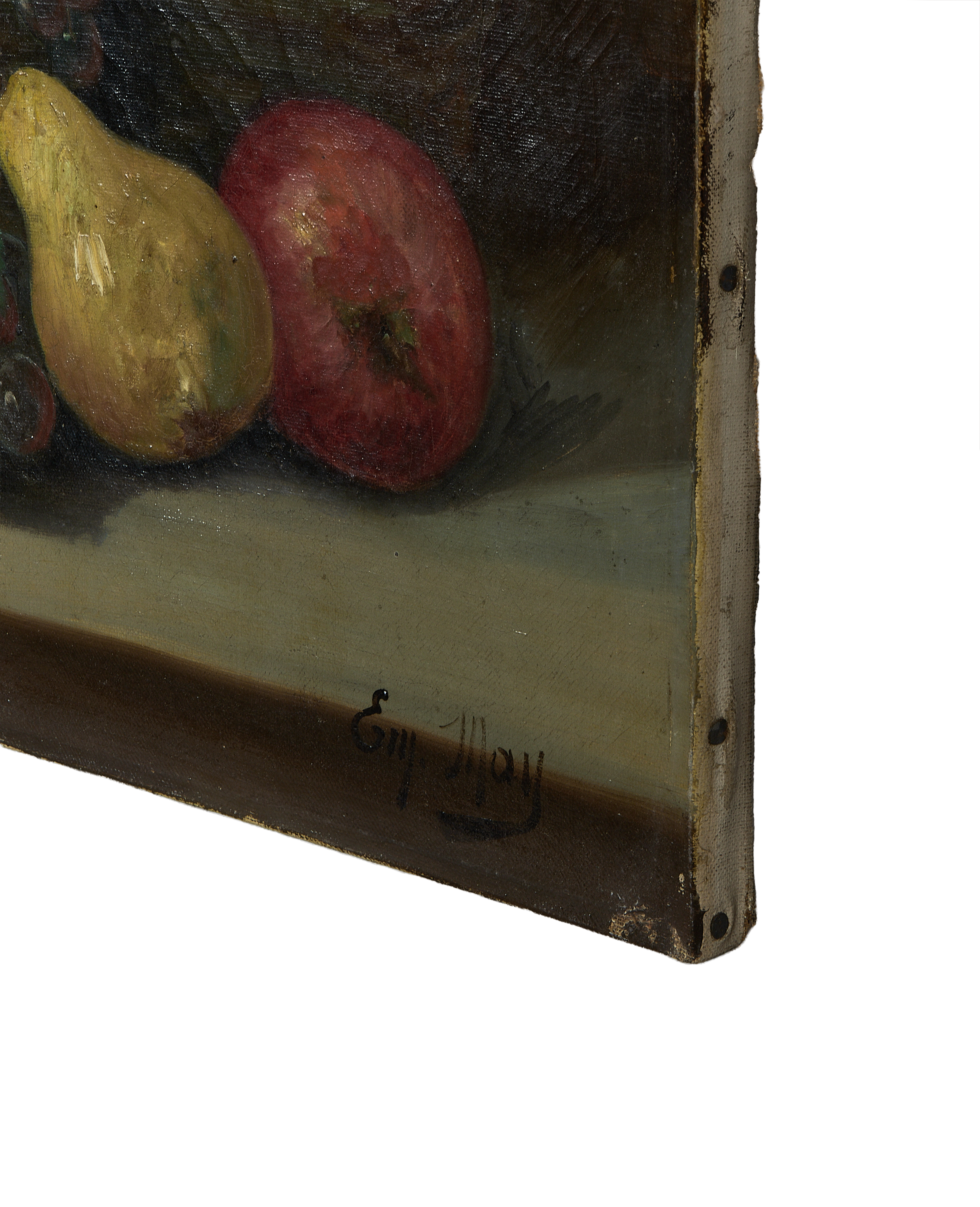 Vintage French still life oil painting detail, showing artist signature 