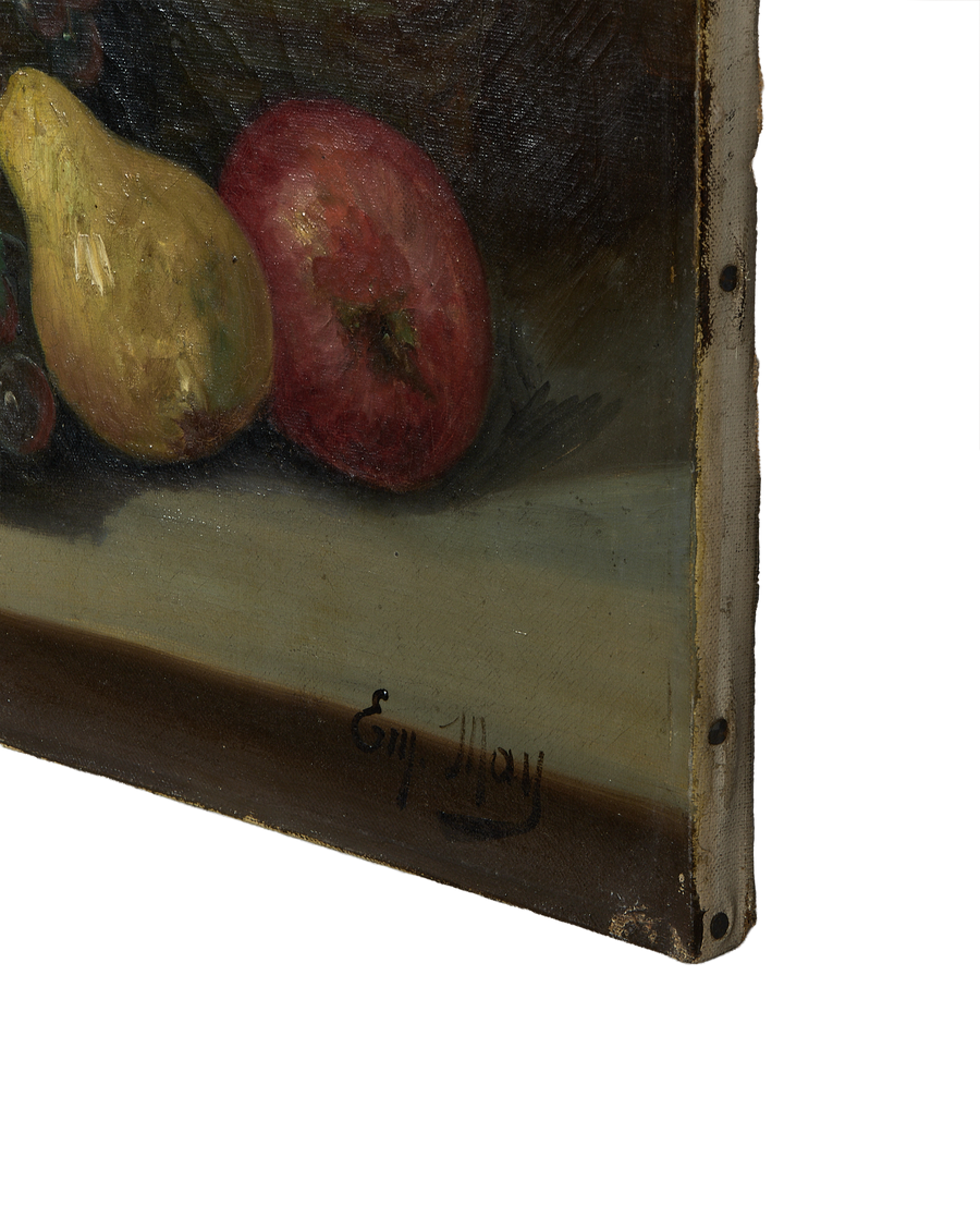 Vintage French still life oil painting detail, showing artist signature 