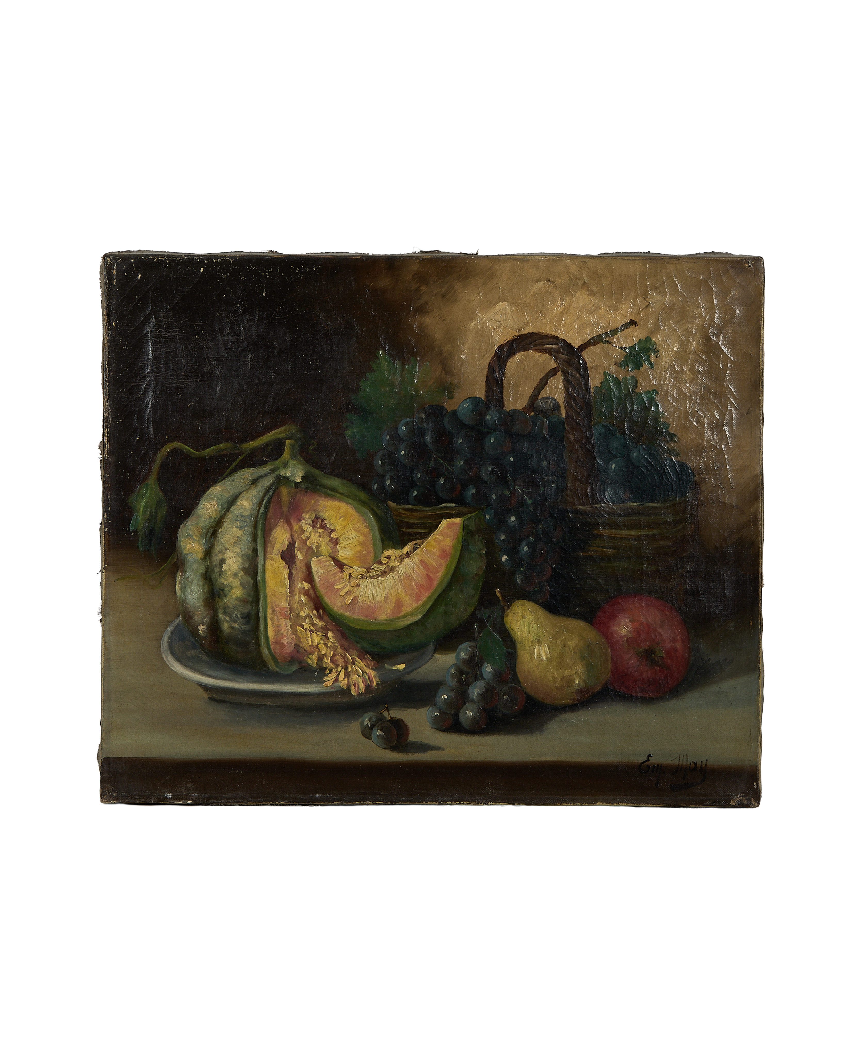 Vintage French still life oil painting on oak, featuring melon, grapes, pear, and apple.