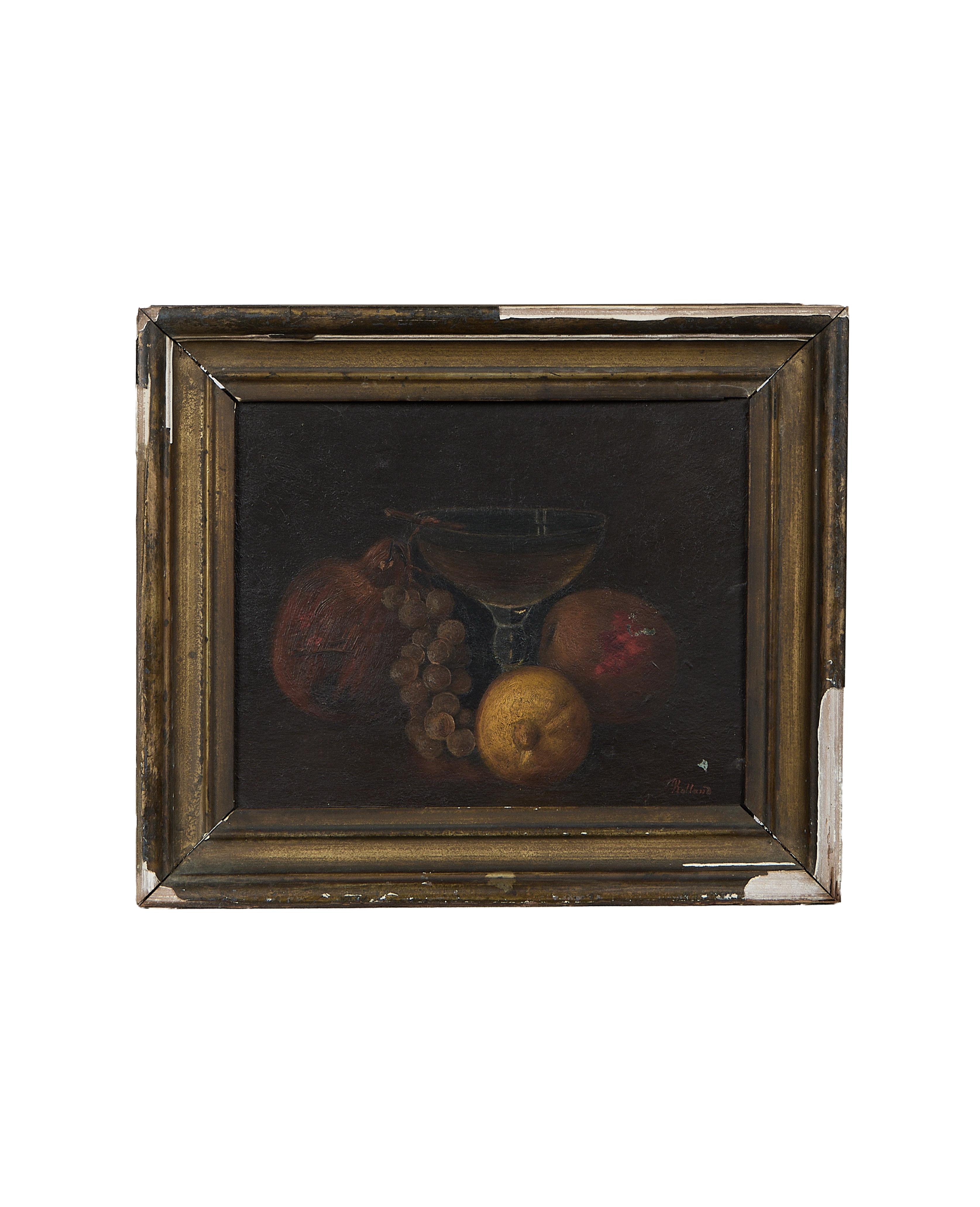 Vintage French still life oil painting, fruit and wine glass, distressed oak frame.