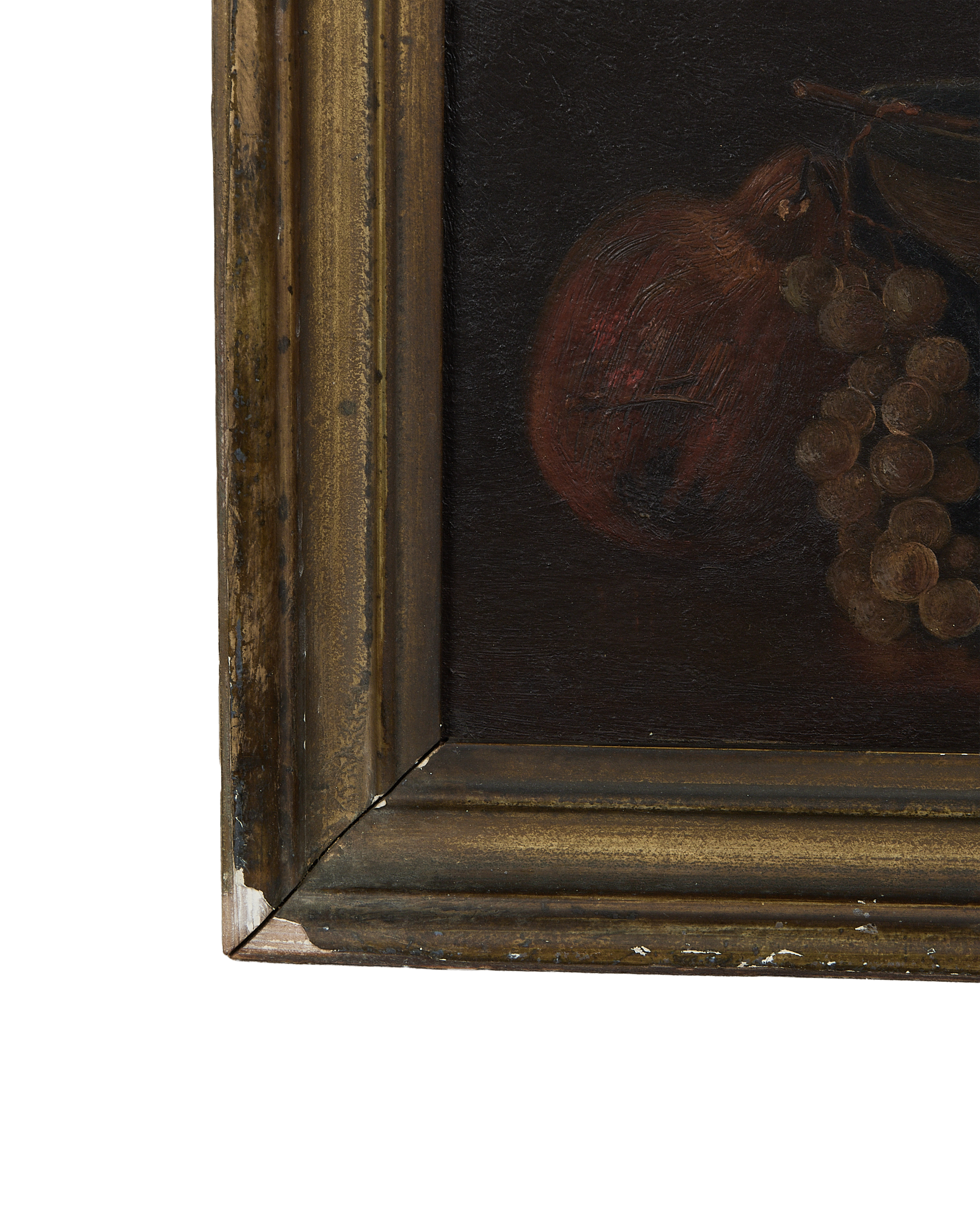 Vintage French oak still life painting, distressed gilt frame corner, showing age.