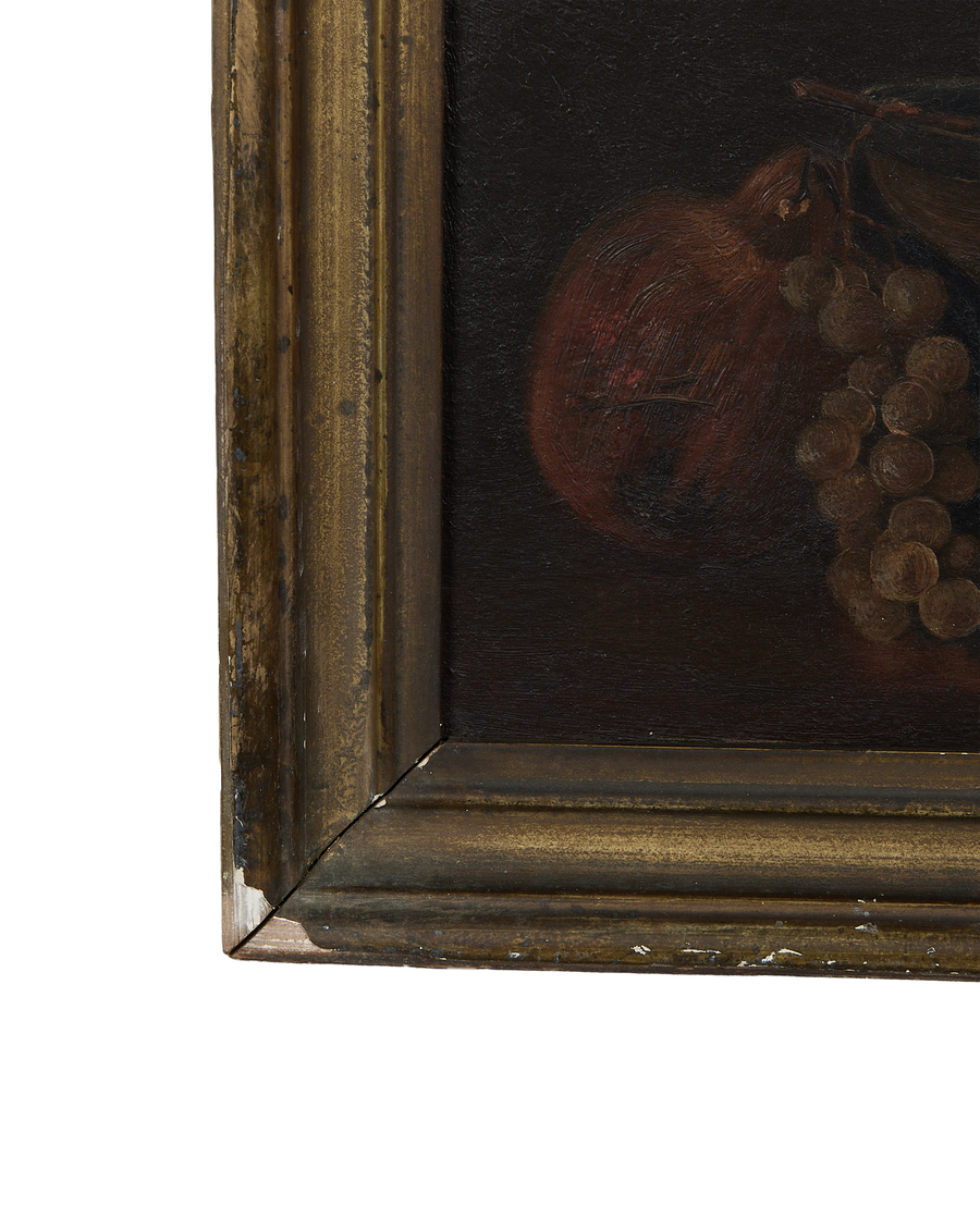 Vintage French oak still life painting, distressed gilt frame corner, showing age.