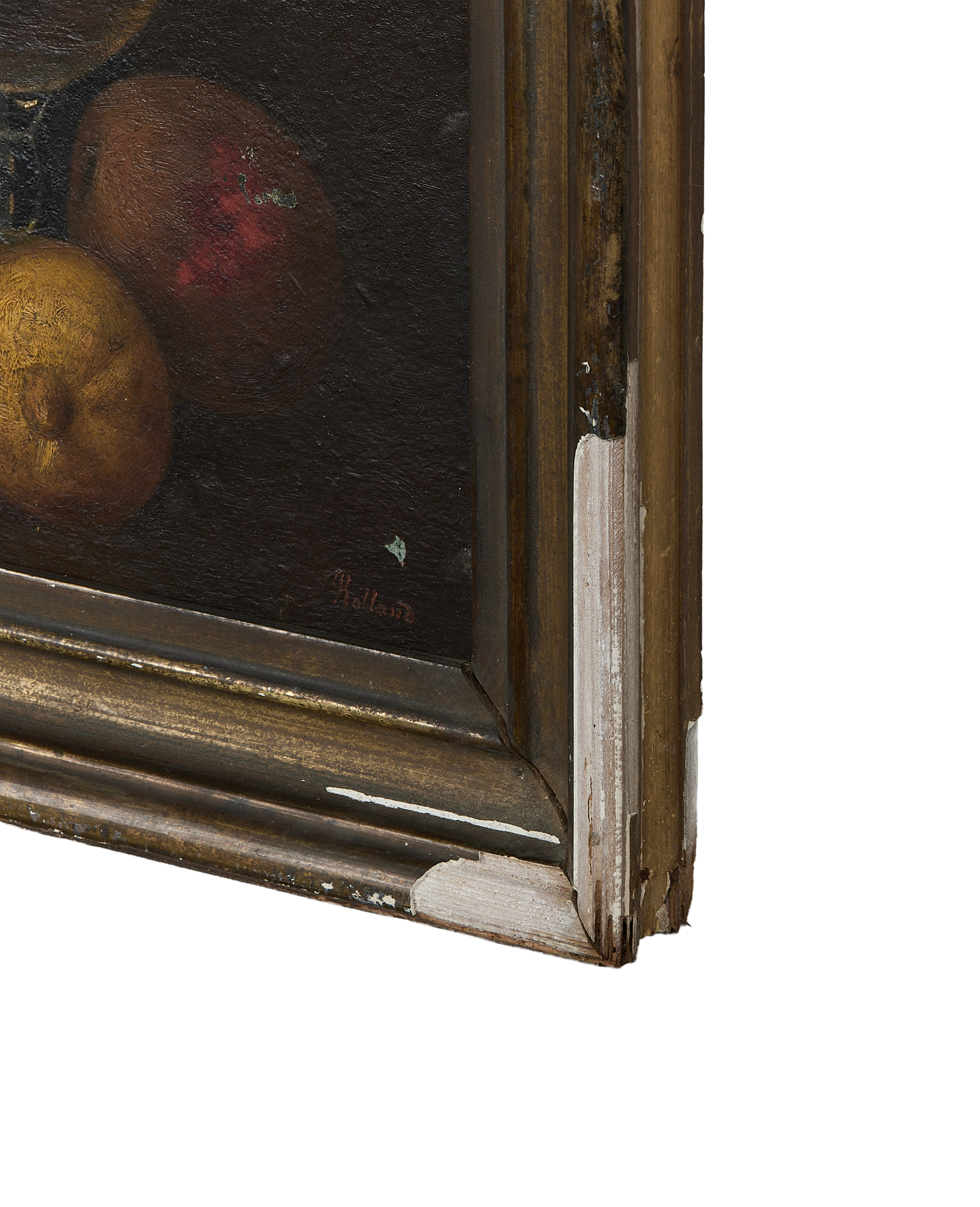 Distressed vintage French still life painting, showing peeling oak frame and canvas texture.