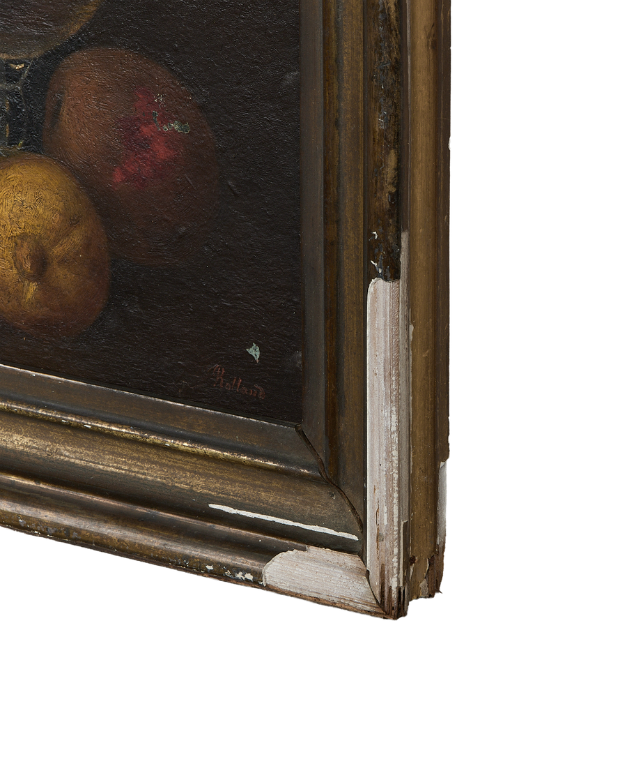 Distressed vintage French still life painting, showing peeling oak frame and canvas texture.