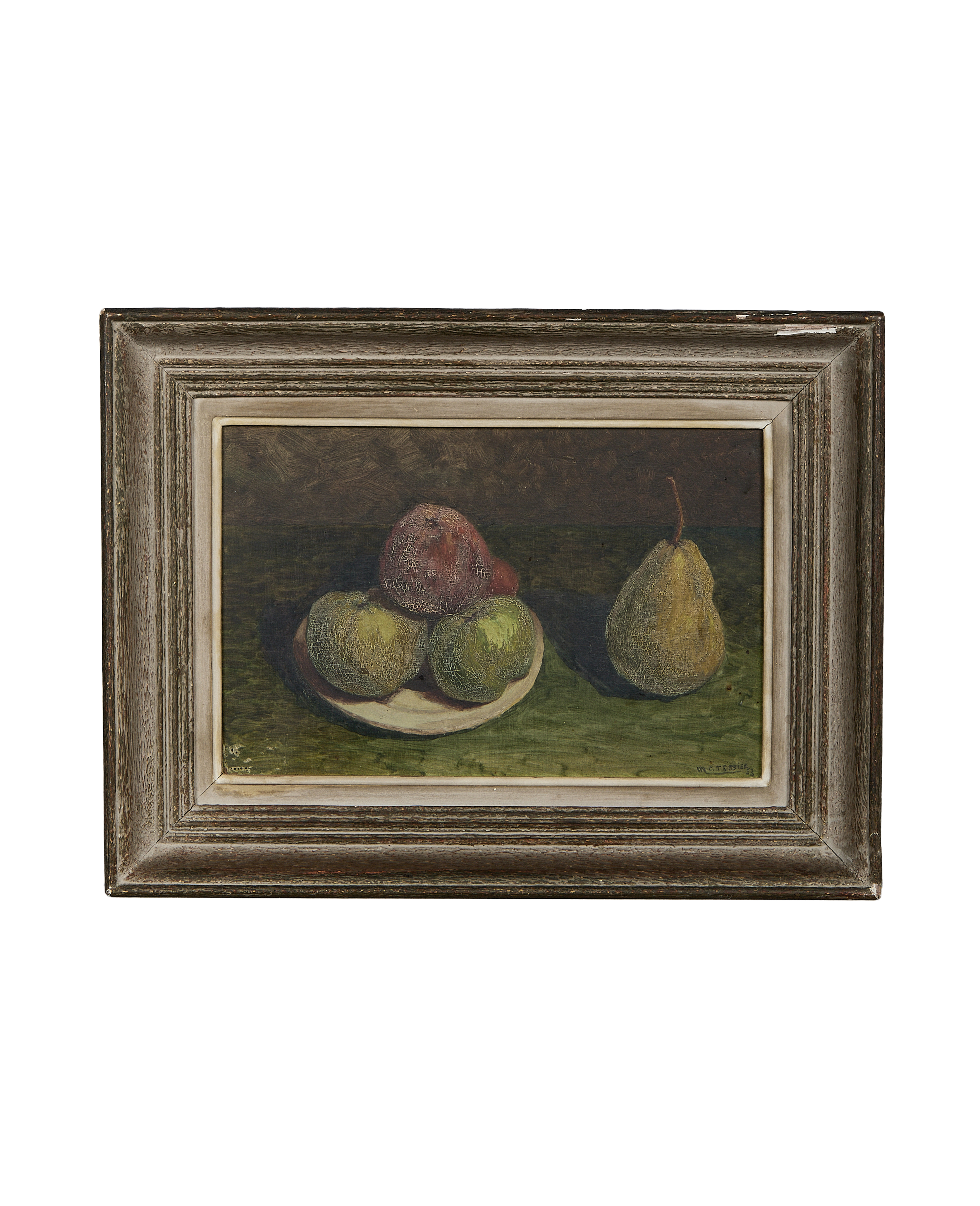 Vintage French Still Life Painting in Oak Frame: Green apples, red peach and yellow pear on plate, cracking paint finish.