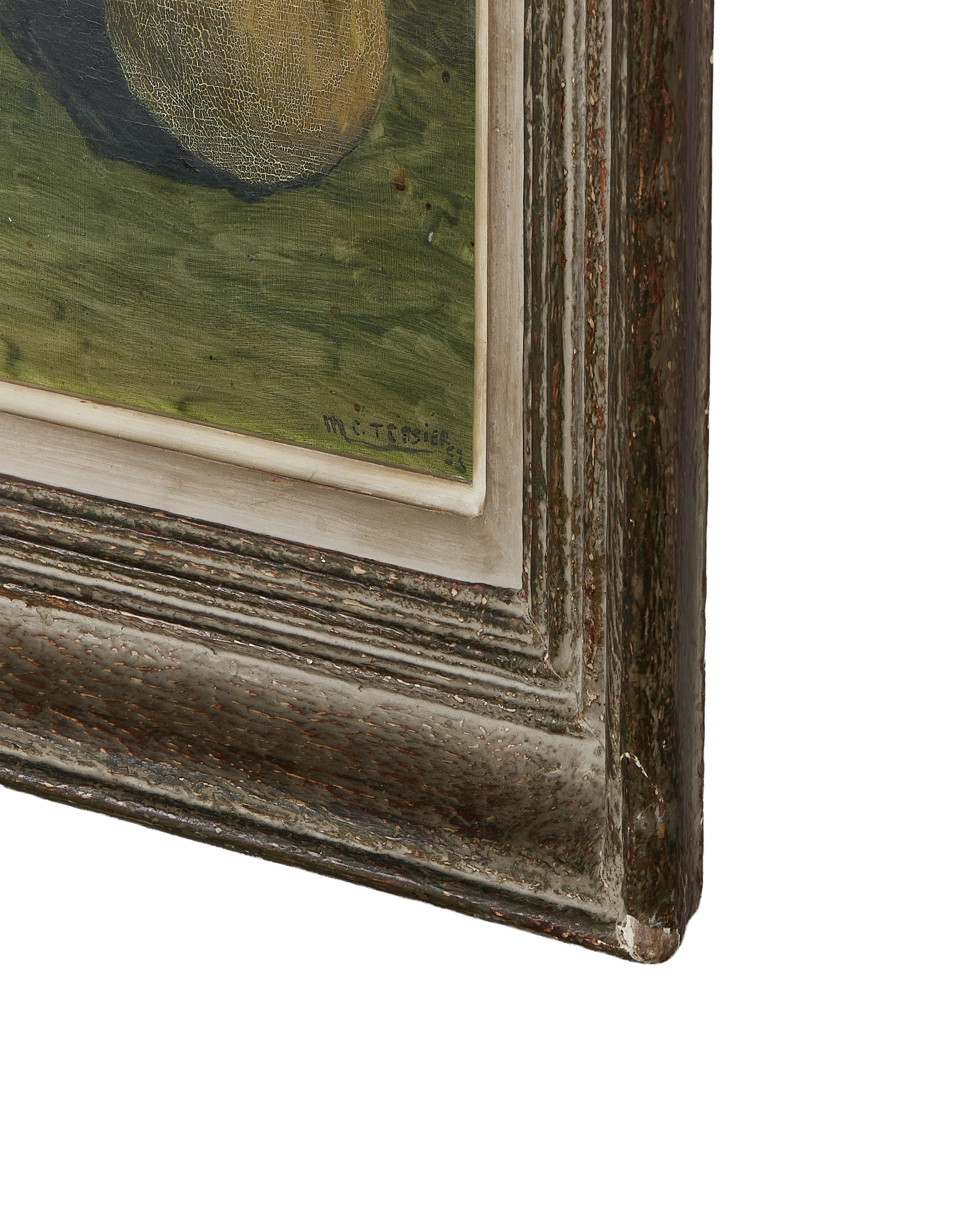 Vintage French Still Life oil painting detail showing texture, artist signature, and distressed oak frame corner.