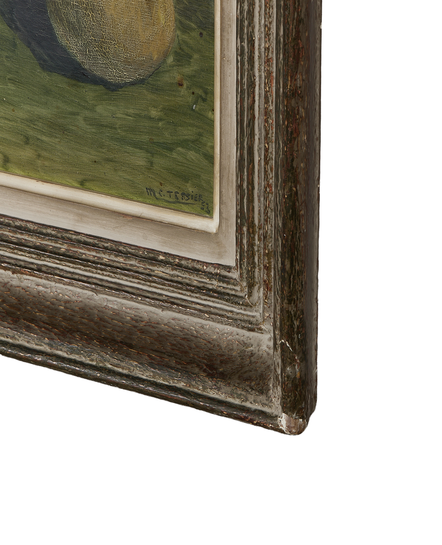 Vintage French Still Life oil painting detail showing texture, artist signature, and distressed oak frame corner.