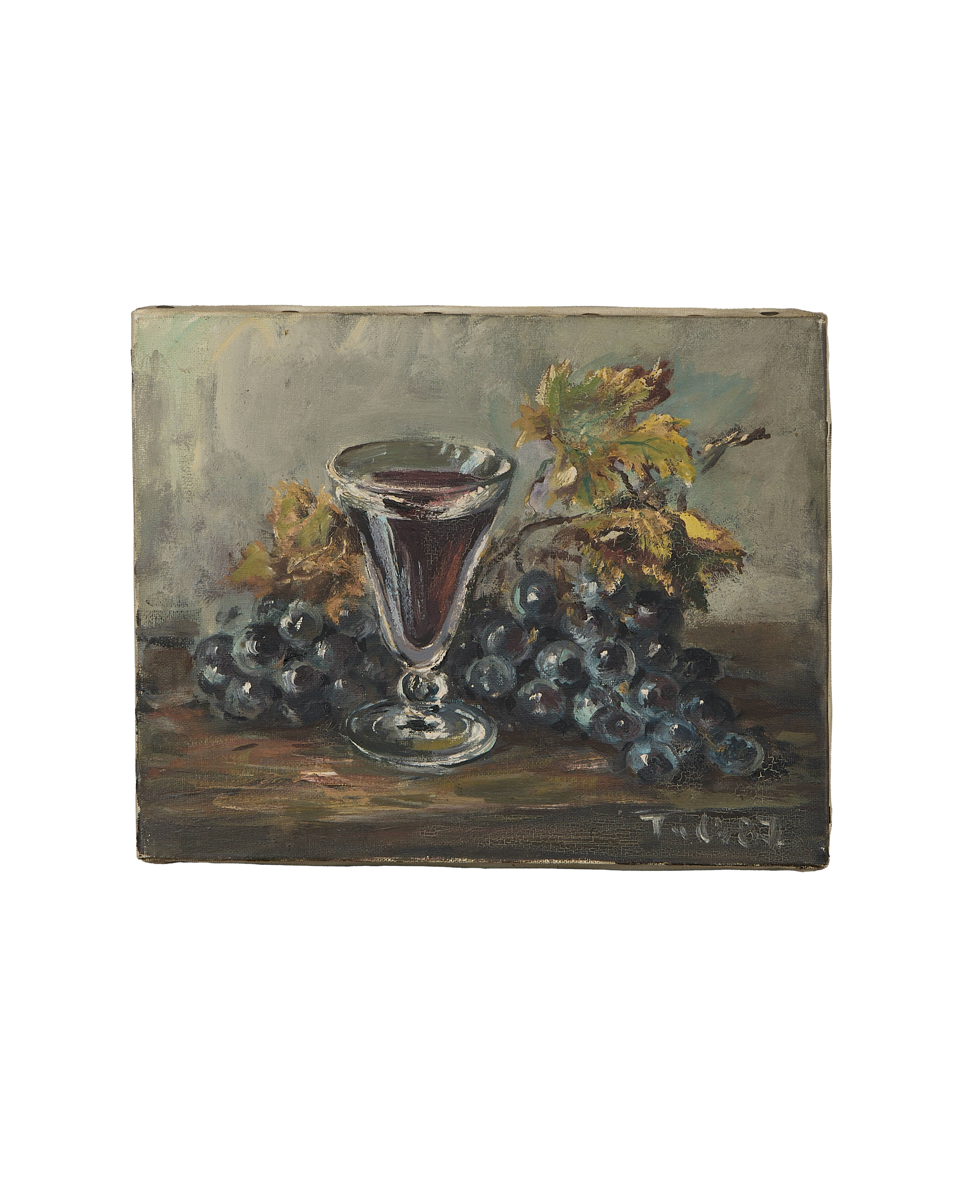 Vintage French still life oil painting on canvas depicting a wine glass and grapes.
