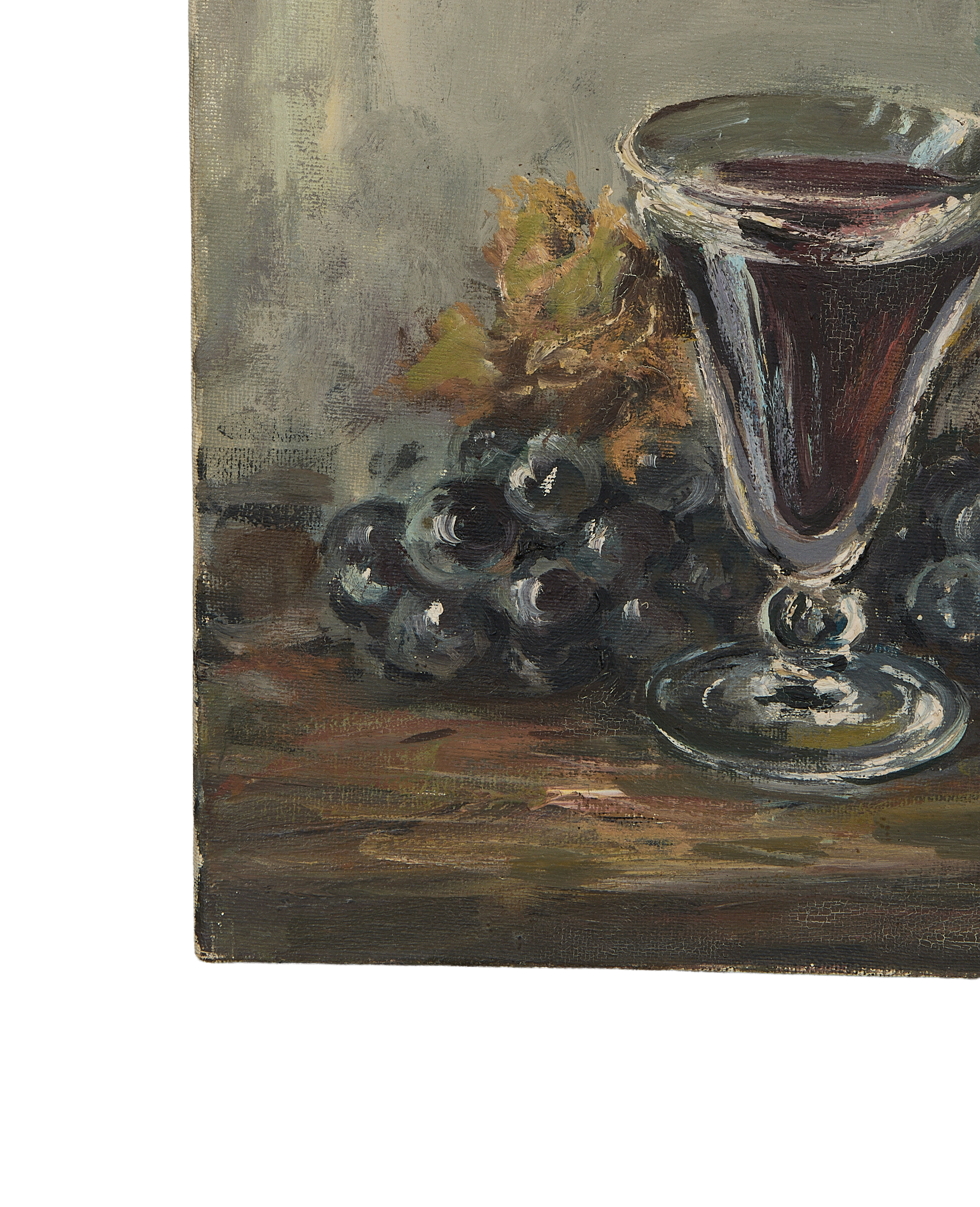 Vintage French still life painting, closeup of glass and grapes with visible brushstrokes and aged canvas texture.